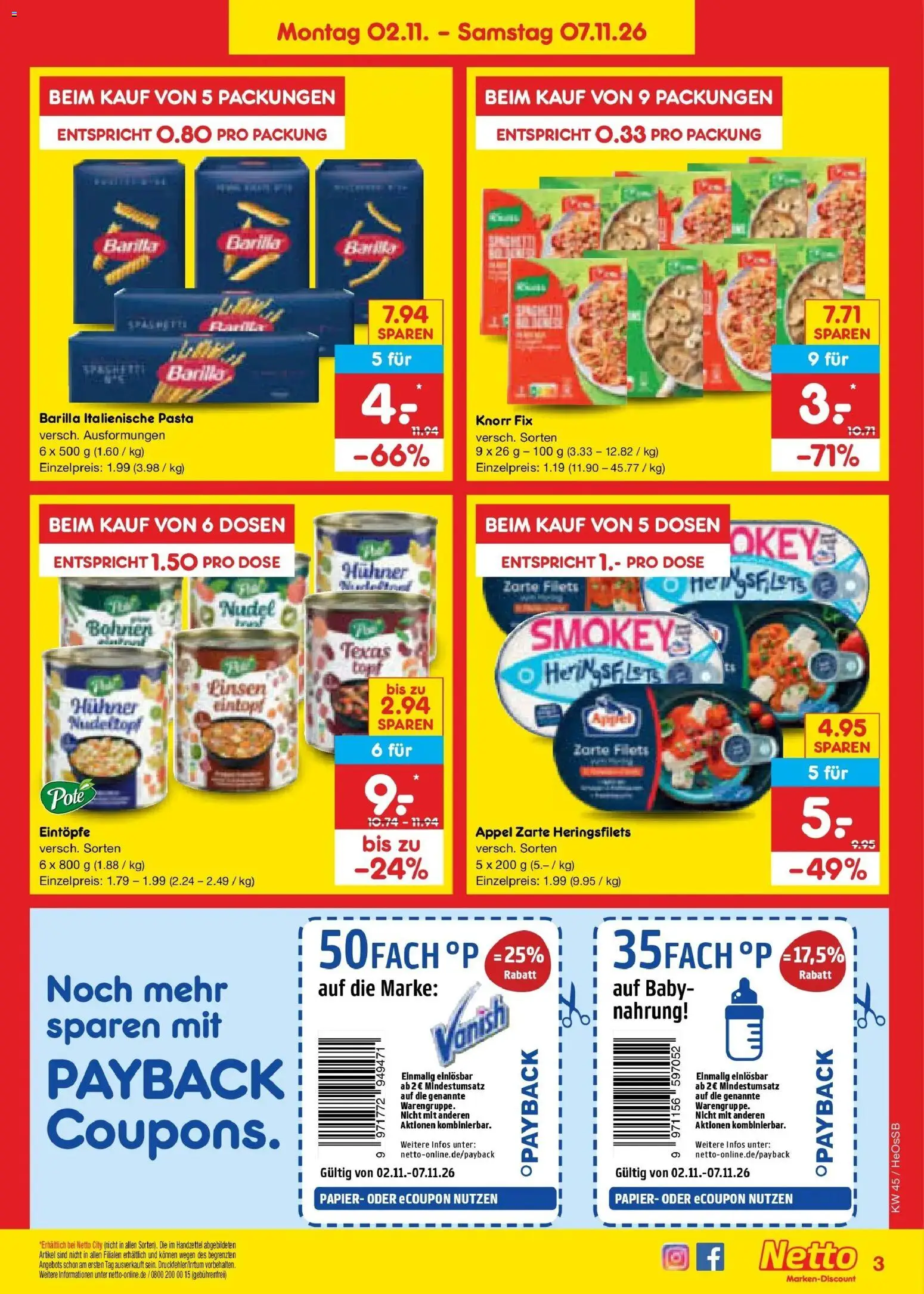 Netto Marken-Discount Prospekt Rostock (ab 02.11.2026) » Angebote | Seite: 7 | Produkte: Knorr fix, Barilla, Knorr, Pasta