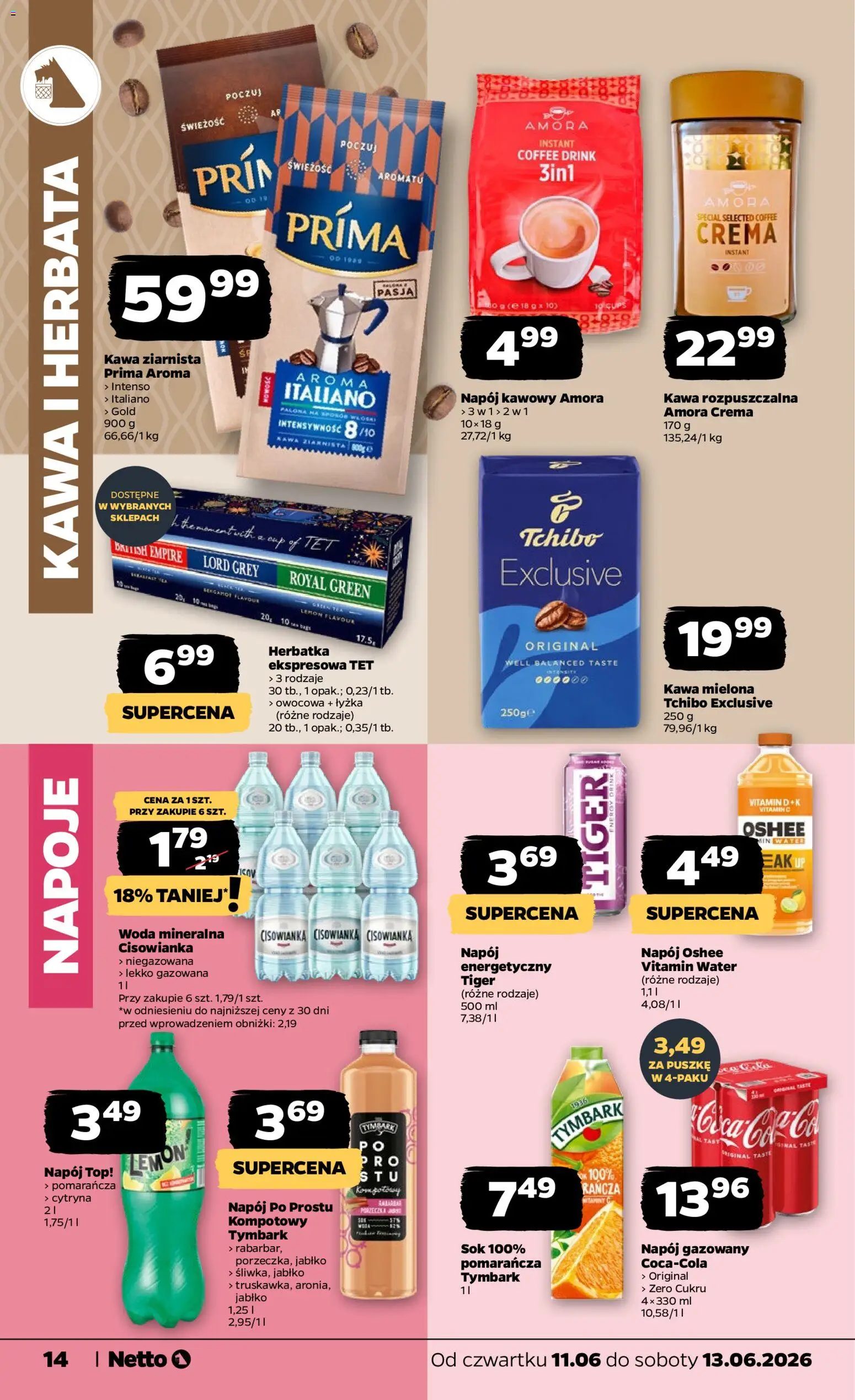 Netto gazetka od czwartku spożywcza od 11.06.2026 | Strona: 14 | Produkty: Napoje, Tchibo exclusive, Sok, Woda