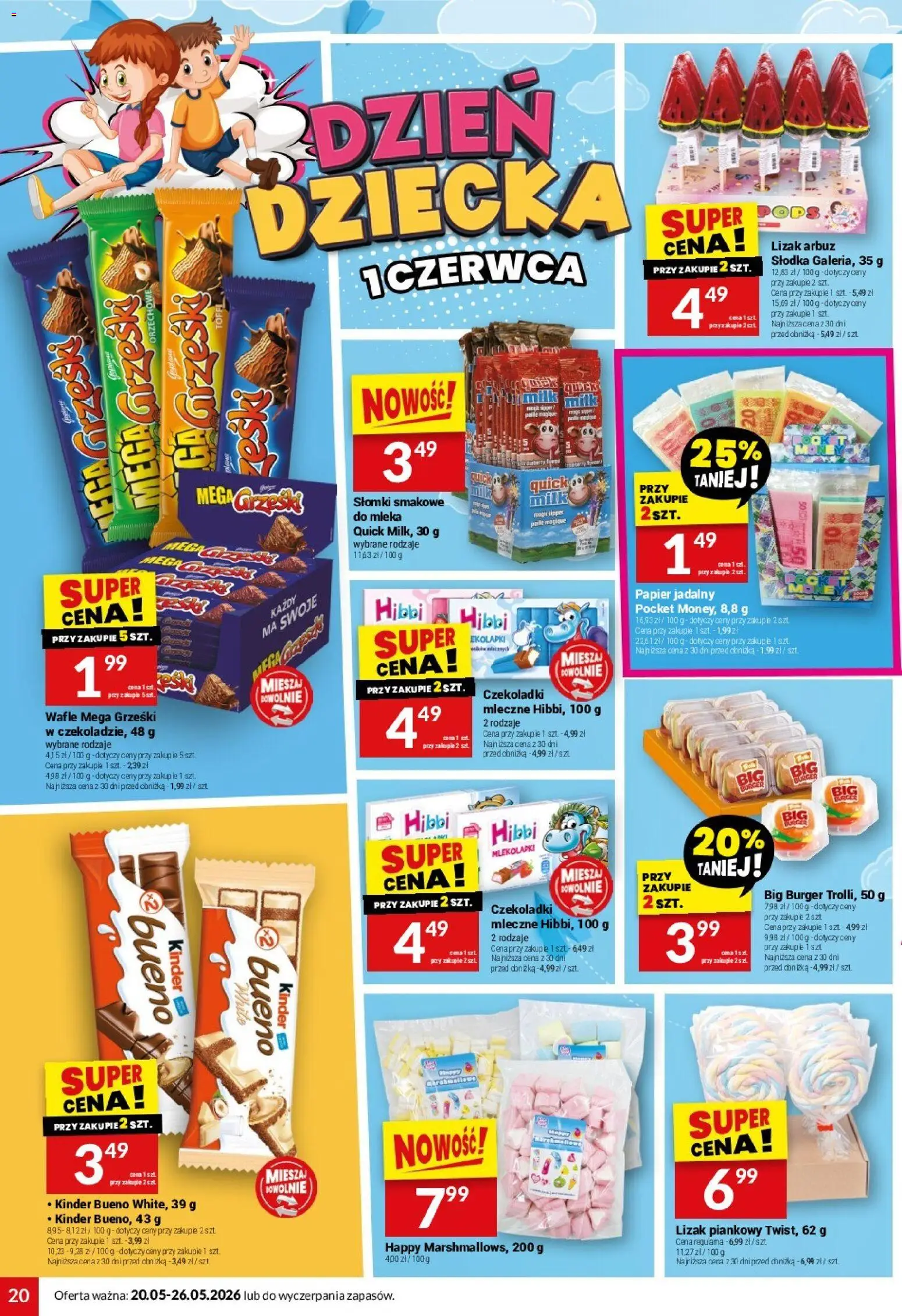Twój Market gazetka od 20.05.2026 | Strona: 20 | Produkty: Arbuz, Wafle, Mleka, Kinder Bueno