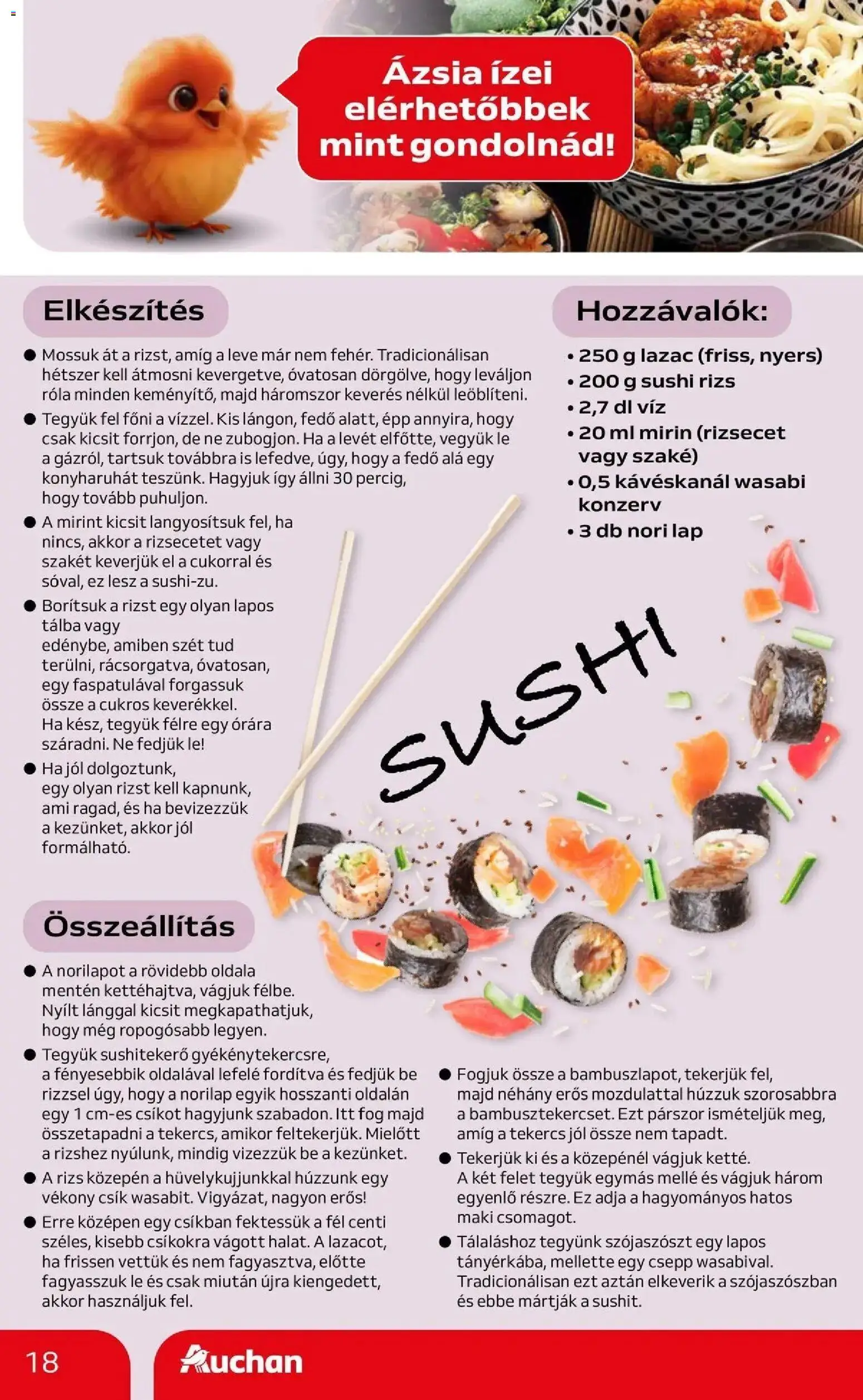 Auchan akciós ujság - amely érvényes a következő dátumtól: 07.05.2026 | Oldal: 18 | Termékek: Rizsecet, Sushi, Wasabi, Lazac