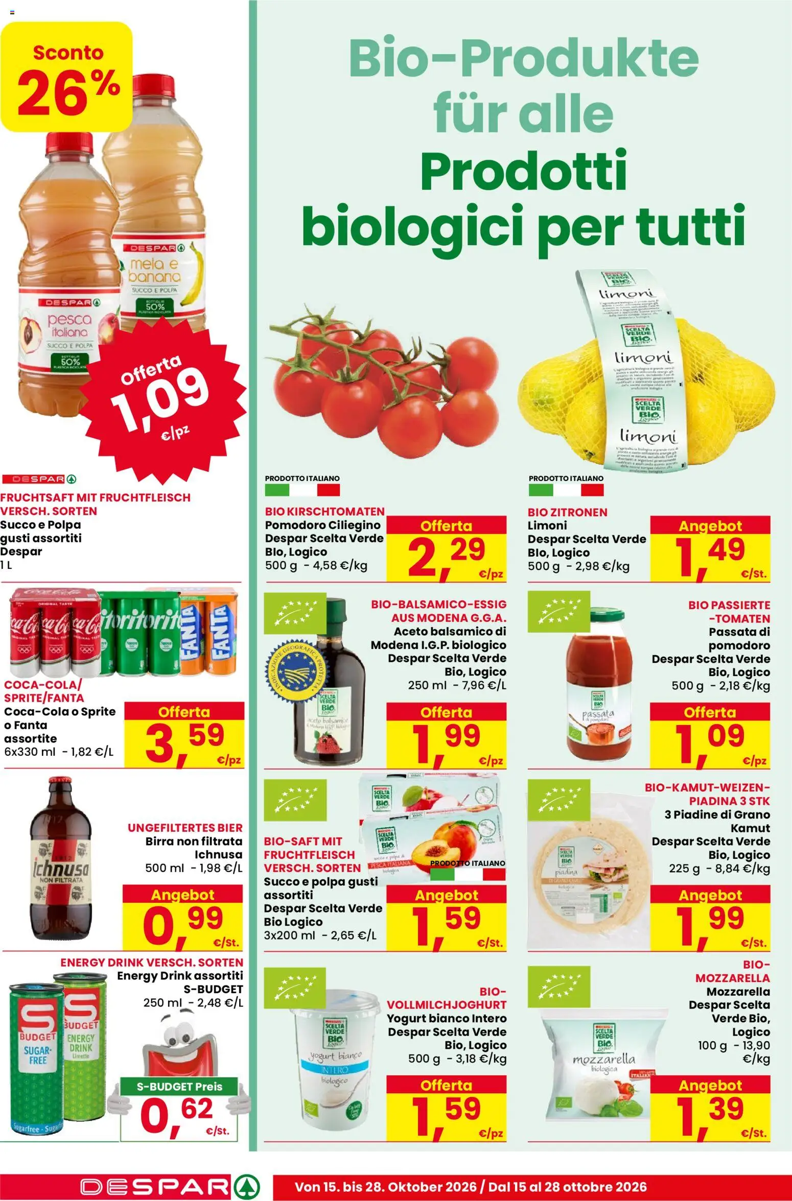 Volantino Despar del 15/10/2026 | Pagina: 10 | Prodotti: Pomodoro, Piadina, Limoni, Sprite
