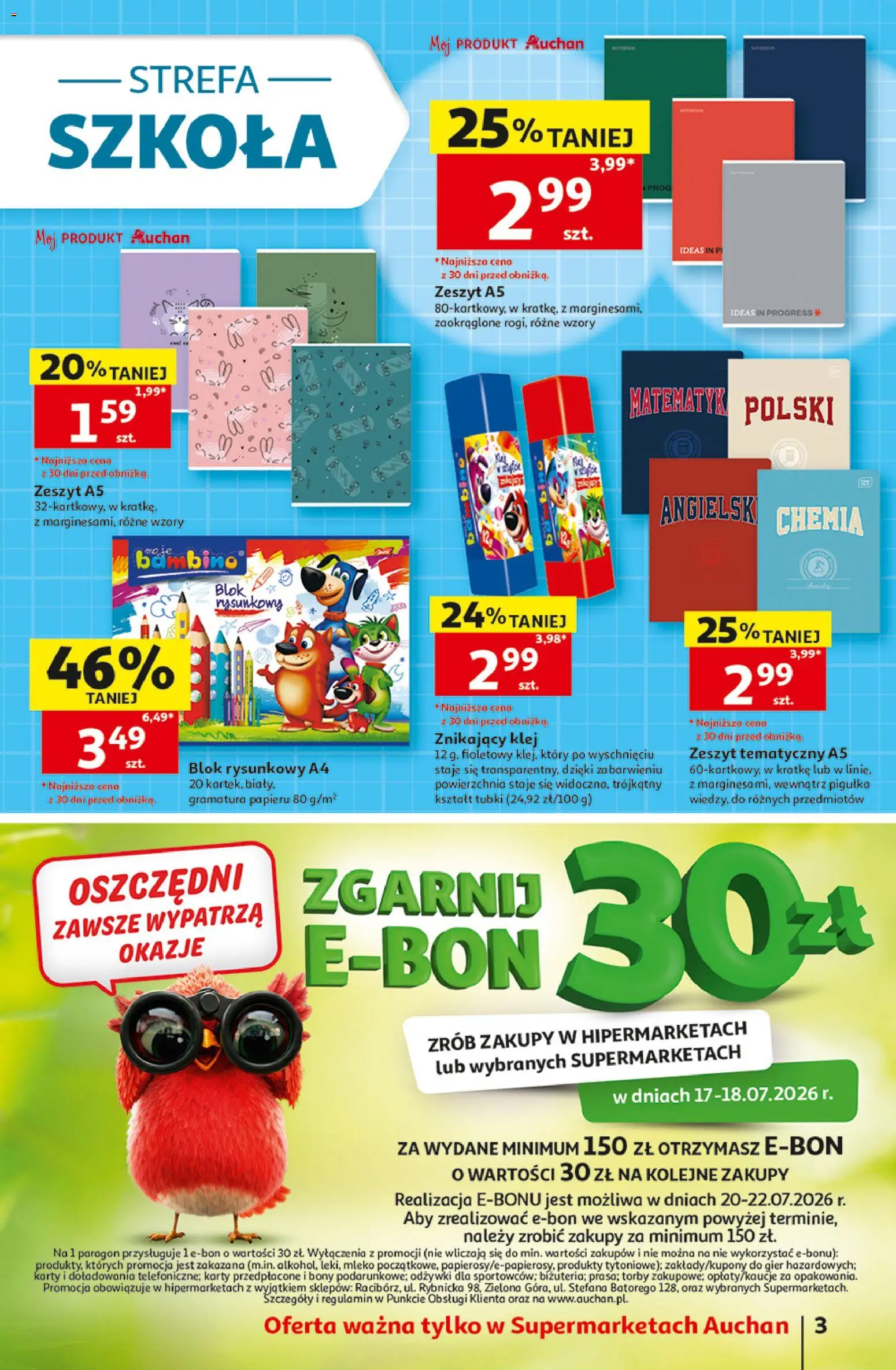 Auchan gazetka od 16.07.2026 | Strona: 3 | Produkty: Zeszyt, Mleko