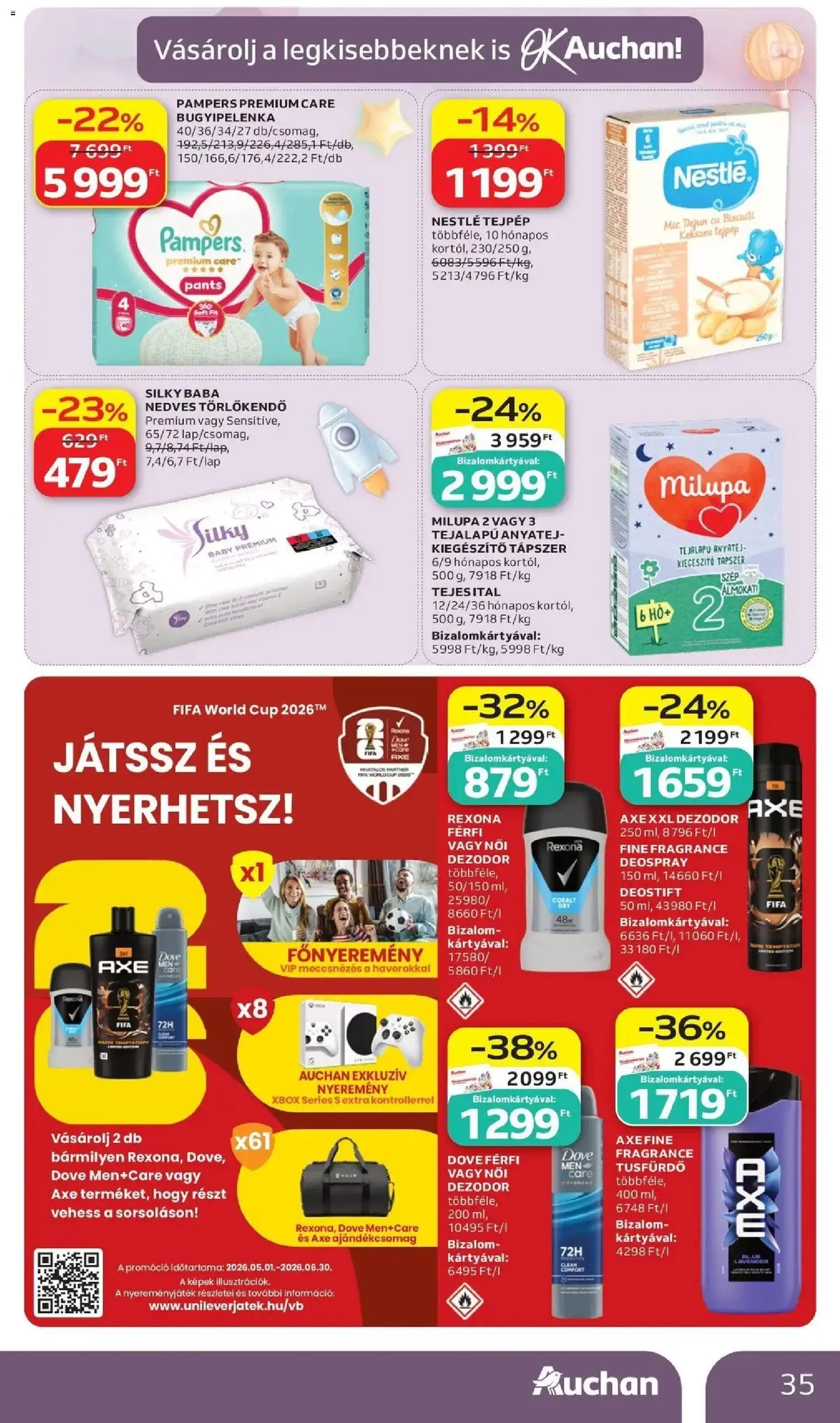 Auchan akciós ujság - amely érvényes a következő dátumtól: 11.06.2026 | Oldal: 35 | Termékek: Törlőkendő, Nedves törlőkendő, Tusfürdő, Dezodor
