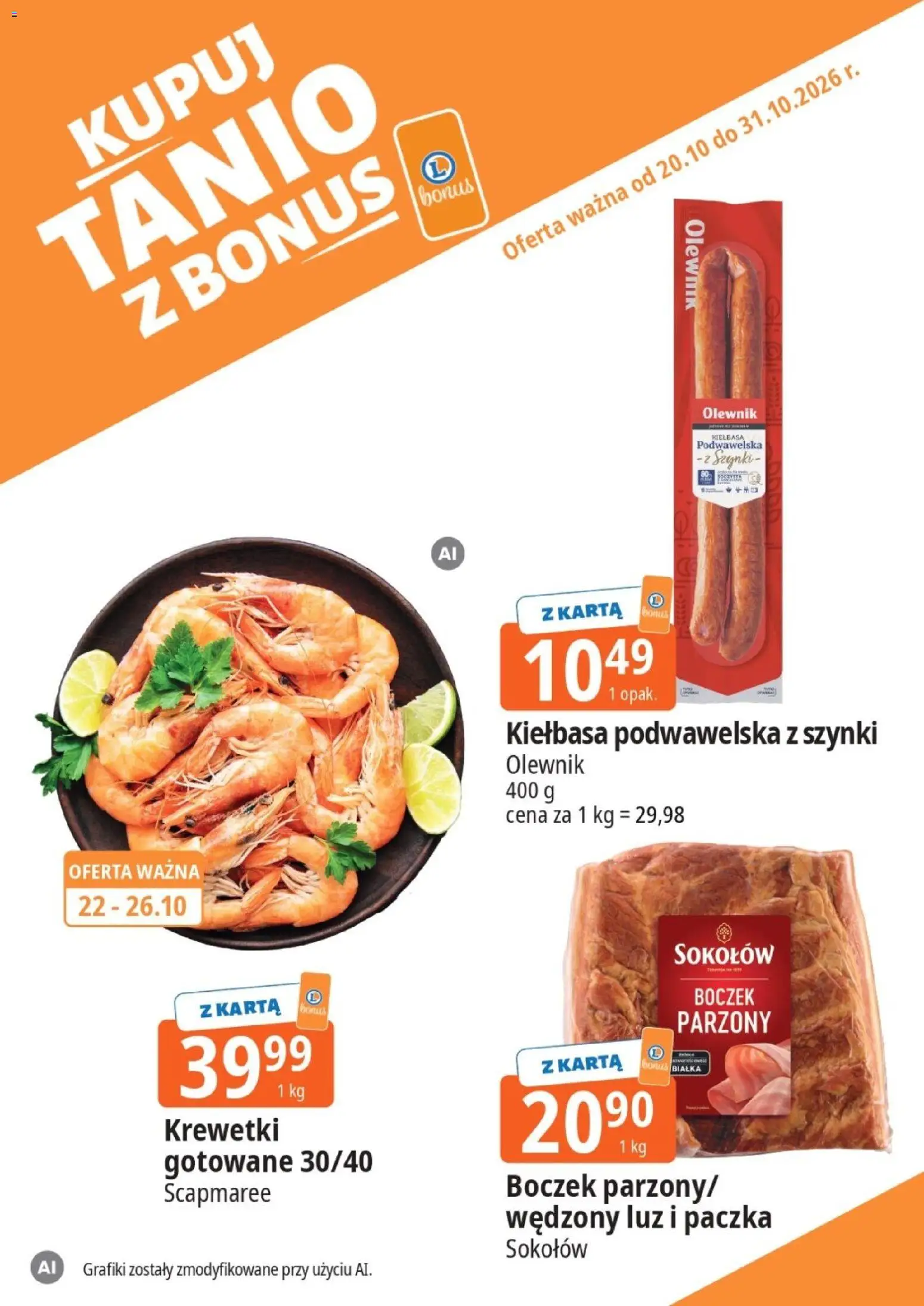 E.Leclerc gazetka - Kupuj Tanio Z Bonus od 20.10.2026 | Strona: 3 | Produkty: Karta, Krewetki, Boczek, Kiełbasa podwawelska
