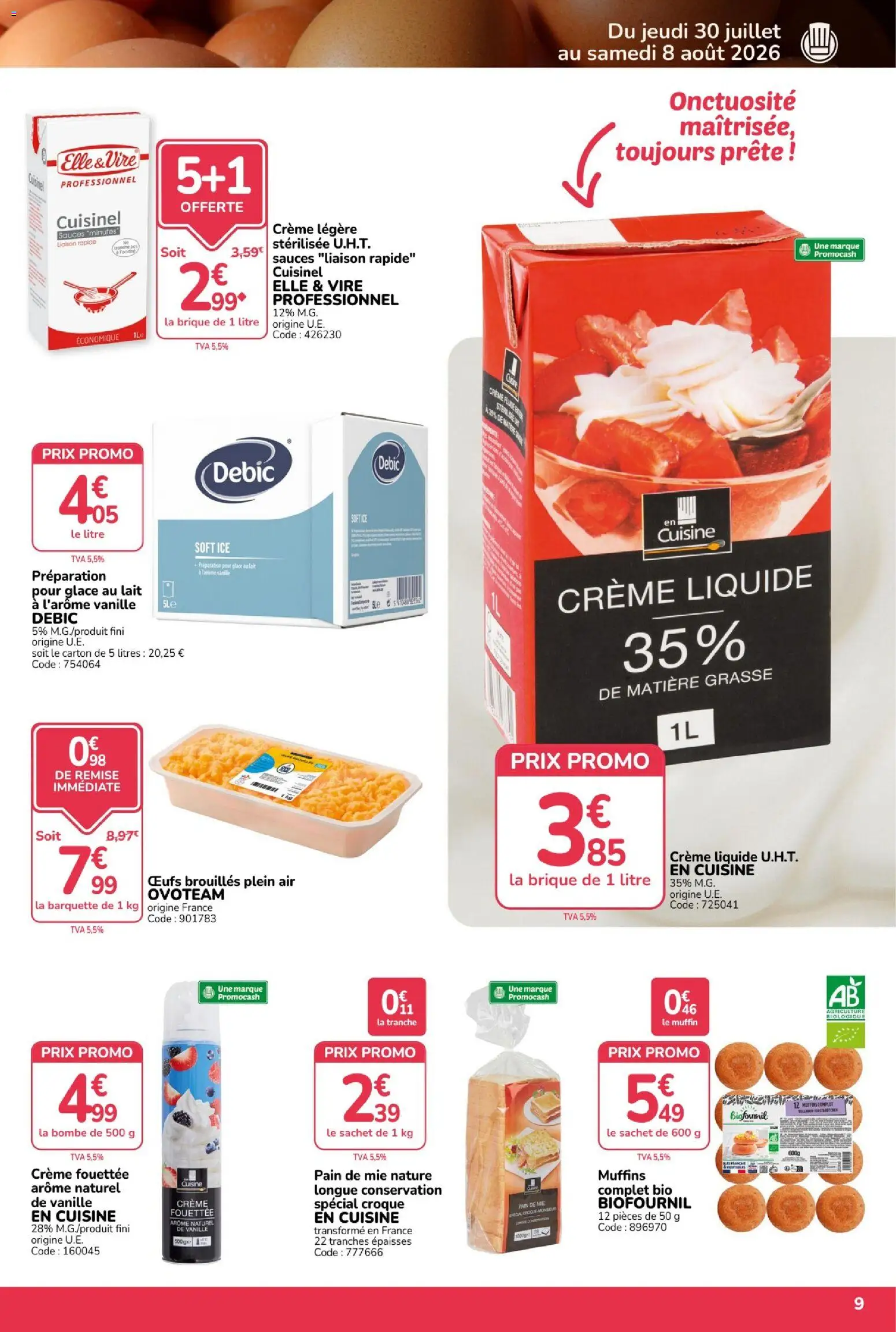 {H1} | Page: 9 | Produits: Muffins, Pain de mie, Crème fouettée, Crème