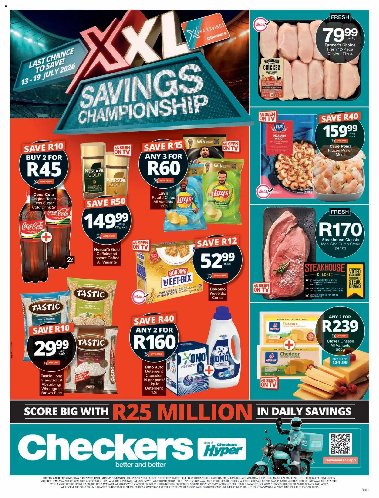 New Checkers catalogue – valid from 13/07/2026 | Page: 1 | Products: Steak, Cheese, Wine, Detergent