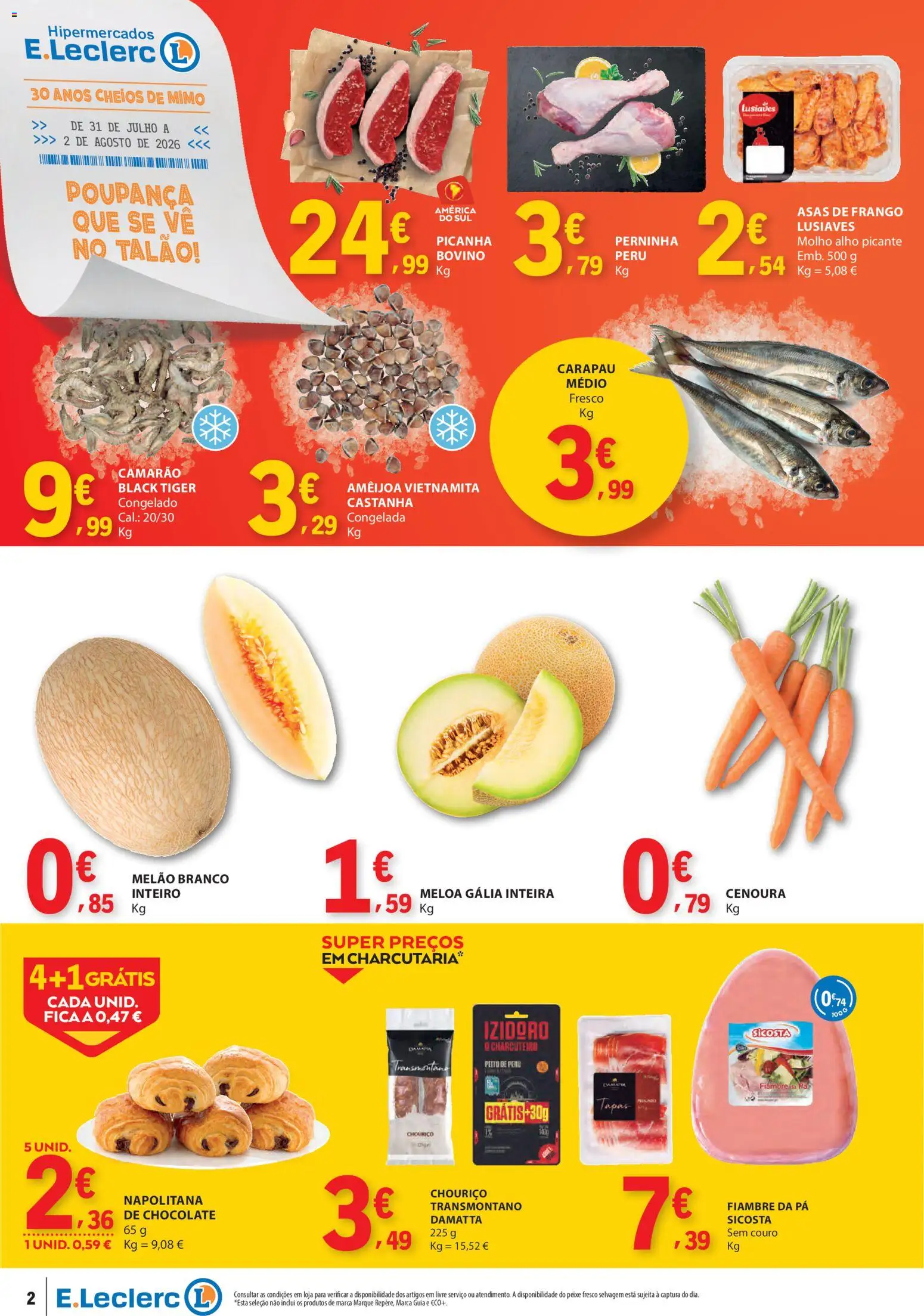 E.Leclerc Catálogo Fim de Semana │ válido de 31/07/2026 | Página: 2 | Produtos: Frango, Camarão, Chouriço, Pá