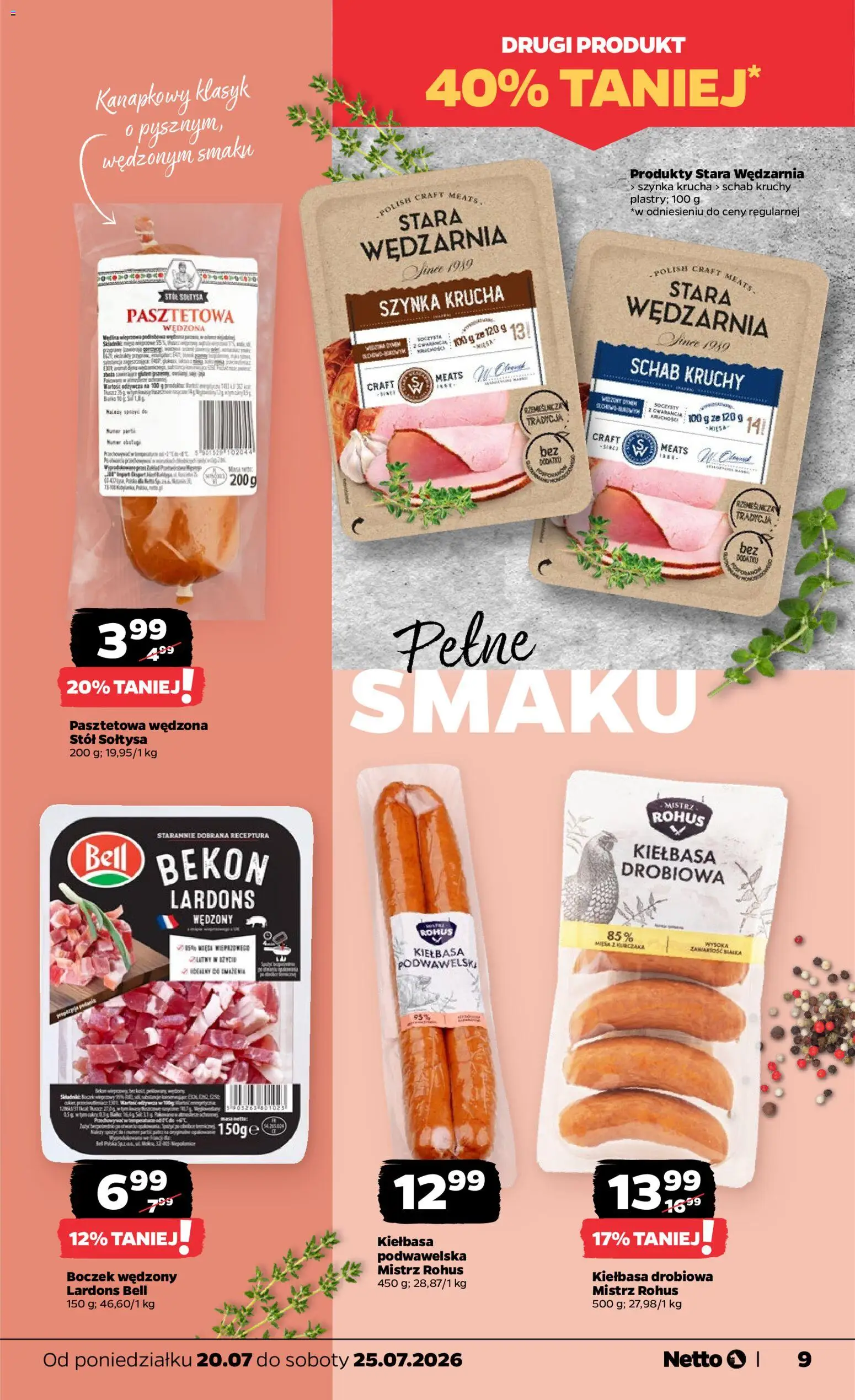 Netto gazetka od poniedziałku od 20.07.2026 | Strona: 9 | Produkty: Schab, Bekon, Bell, Boczek wędzony