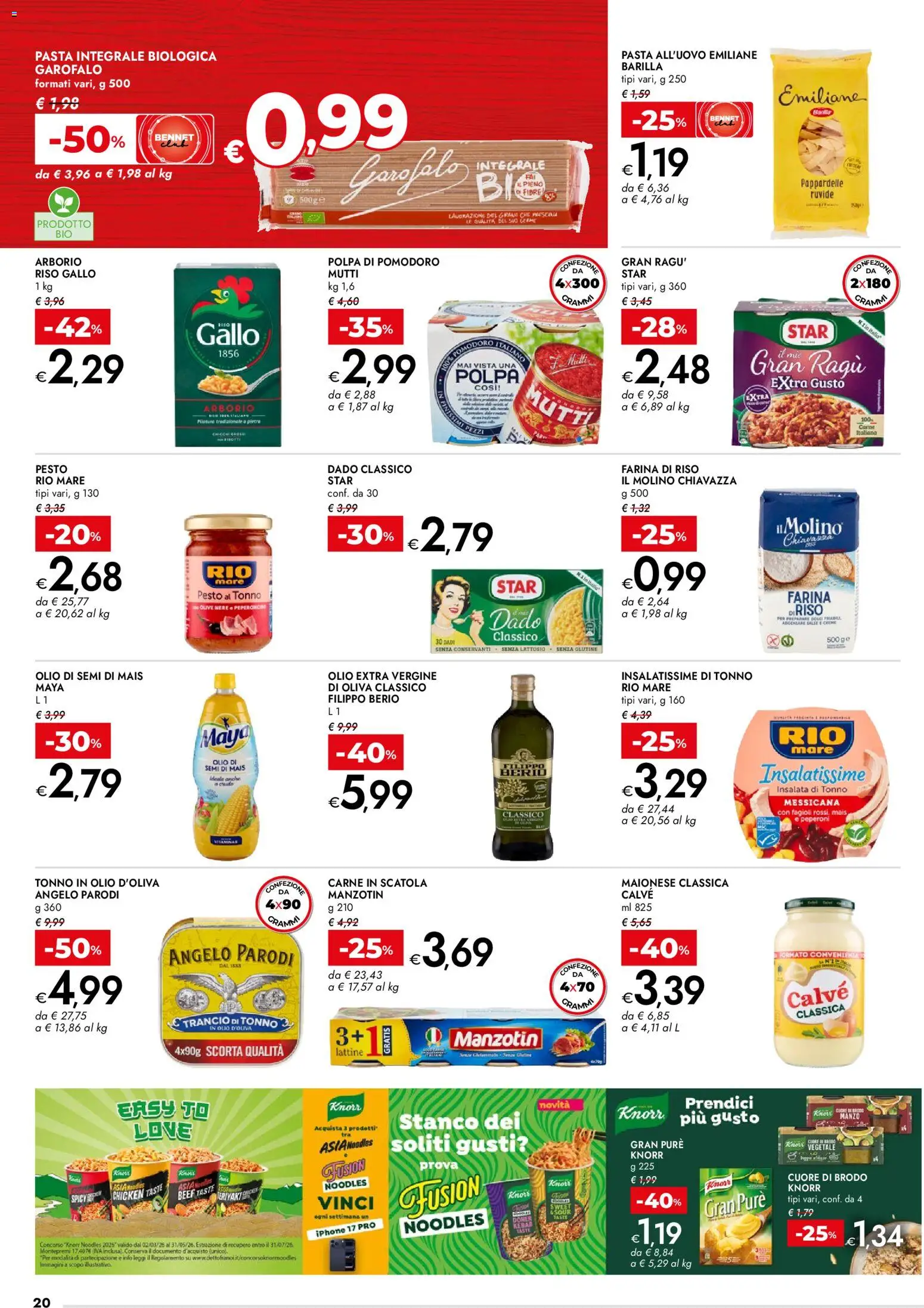 Volantino bennet del 07.04.2026 | Pagina: 20 | Prodotti: Pomodoro, Olio, Pasta, Olio extra vergine