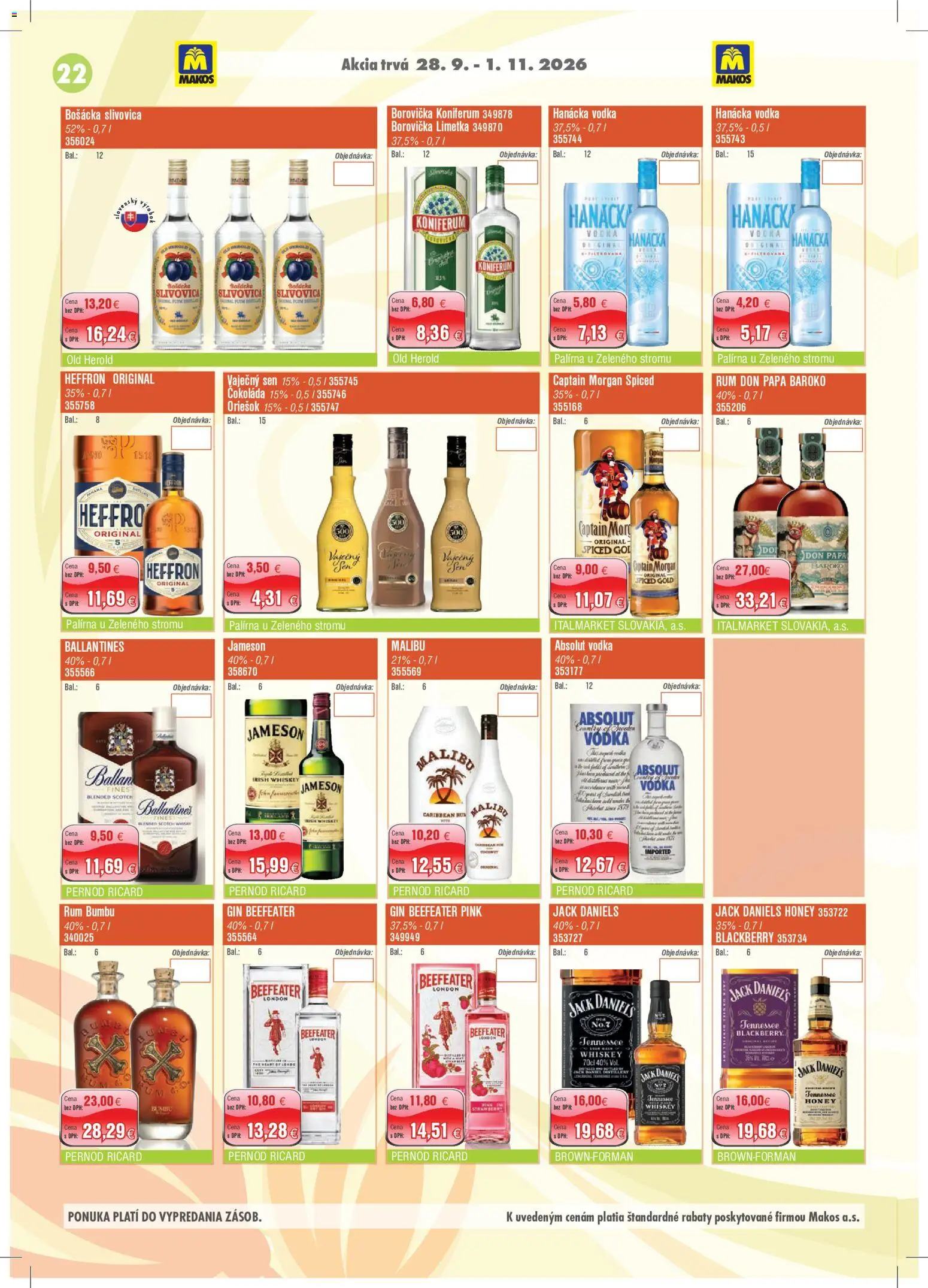 Nové Makos akcie – leták je platný od 28.09.2026 | Strana: 22 | Produkty: Beefeater, Borovička, Absolut vodka, Vaječný sen