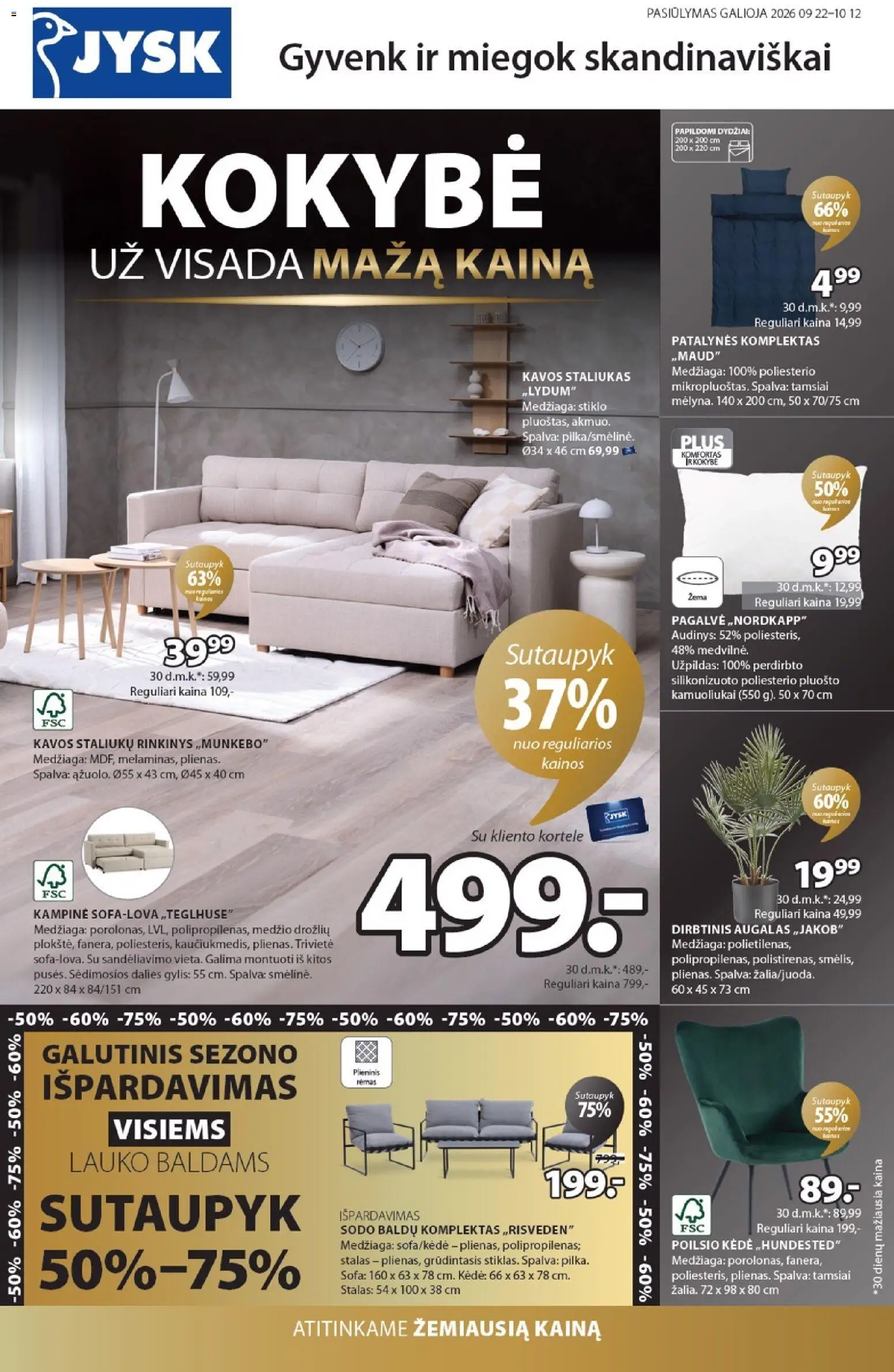 JYSK akcijos nuo 2026.09.22 | Puslapis: 1 | Prekių: Pagalvė, Stalas, Kėdė, Patalynės komplektas