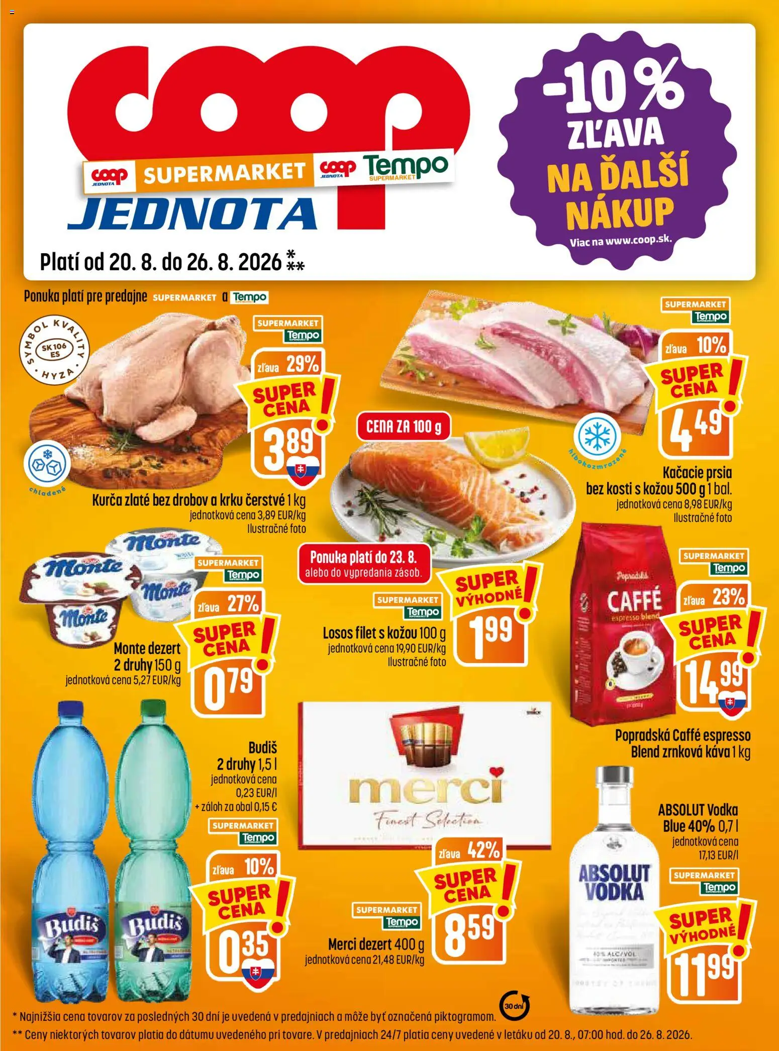 Nové COOP Jednota akcie – leták je platný od 20.08.2026 | Strana: 17 | Produkty: Vodka, Absolut vodka, Zrnková káva 1 kg, Kurča