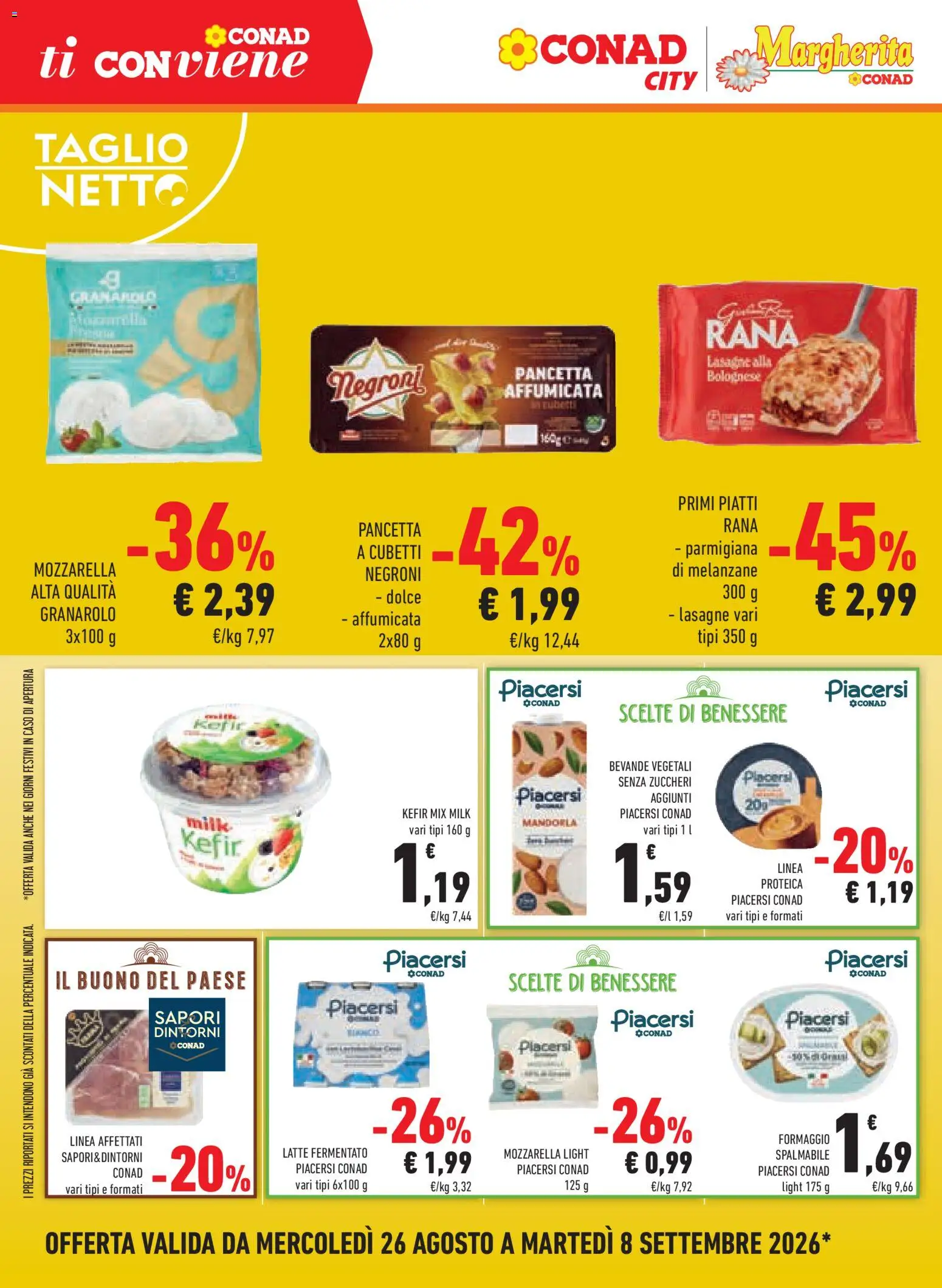 Volantino Conad del 26/08/2026 | Pagina: 4 | Prodotti: Kefir, Mandorla, Melanzane, Formaggio spalmabile