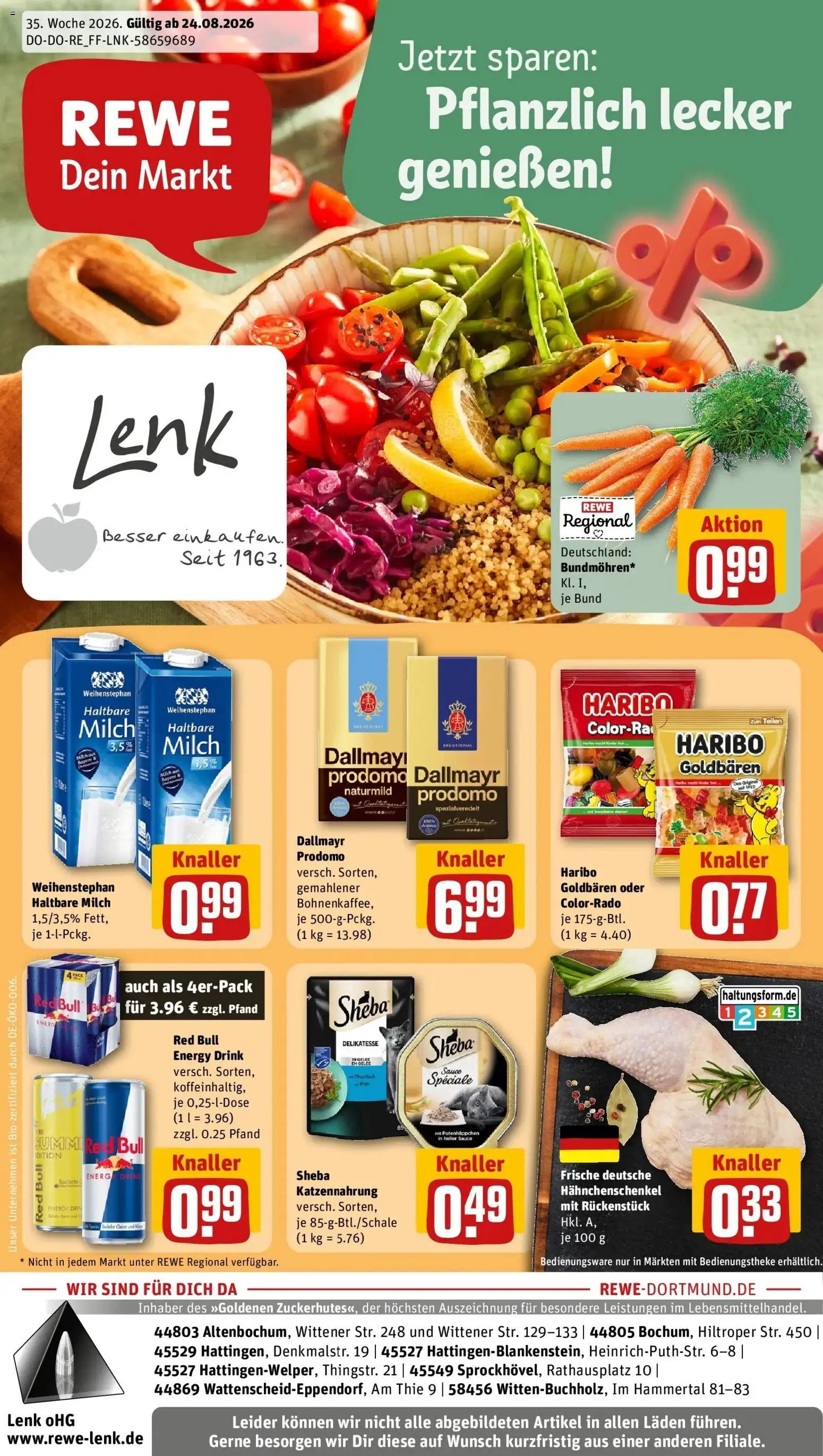 REWE Prospekt ab 24.08.2026 zum Blättern » Angebote | Seite: 1 | Produkte: Sheba, Hahnchenschenkel, Milch, Dallmayr