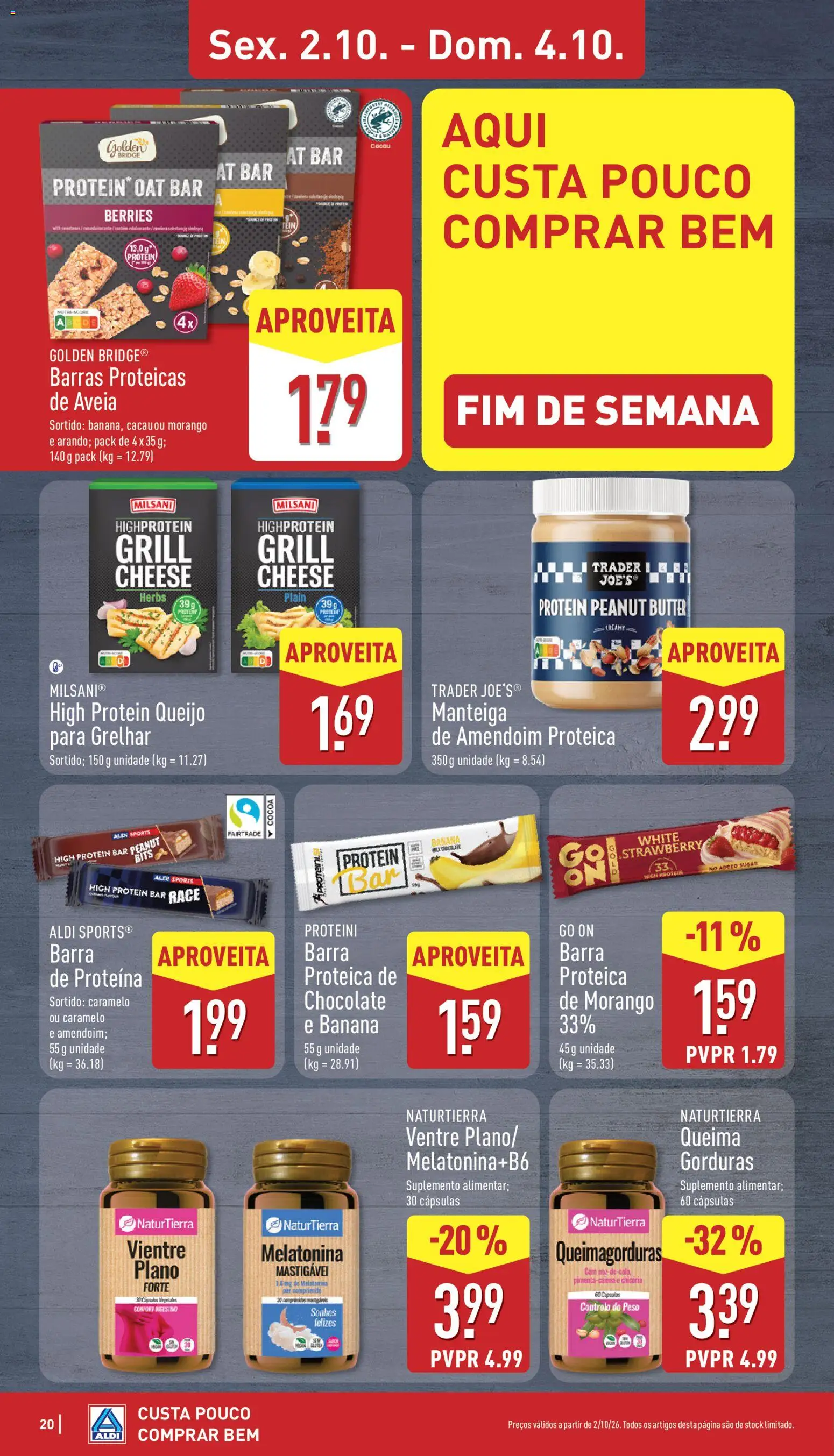 Aldi folheto │ válido de 28/09/2026 | Página: 20 | Produtos: Queijo para grelhar, Barra de proteína, Manteiga, Proteina