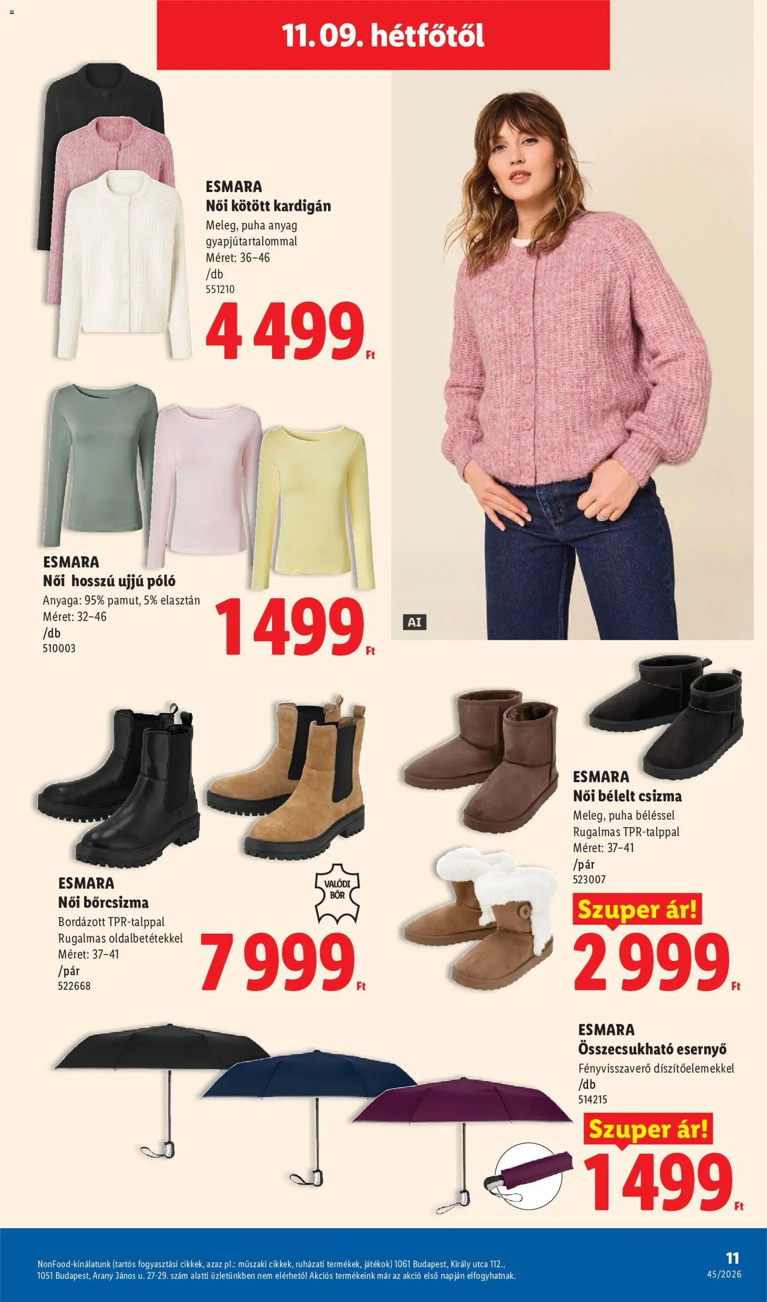 Lidl akciós ujság - amely érvényes a következő dátumtól: 2026.11.05. | Oldal: 11 | Termékek: Csizma, Kardigán, Esmara, Hosszú ujjú póló