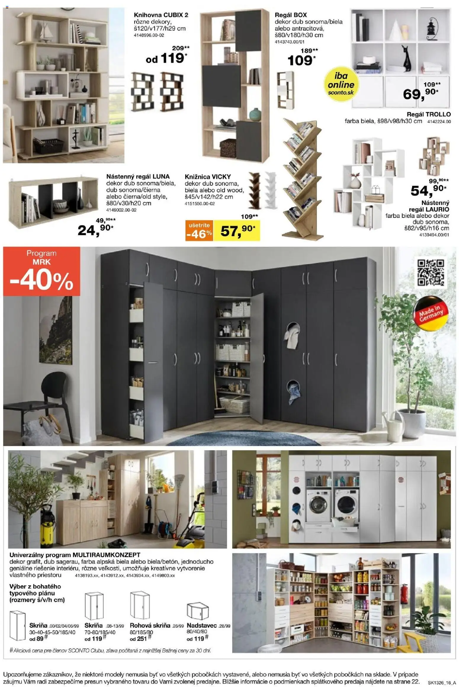 Nové Sconto nábytok akcie – leták je platný od 14.10.2026 | Strana: 16 | Produkty: Regál, Skriňa, Rohová skriňa, Knižnica