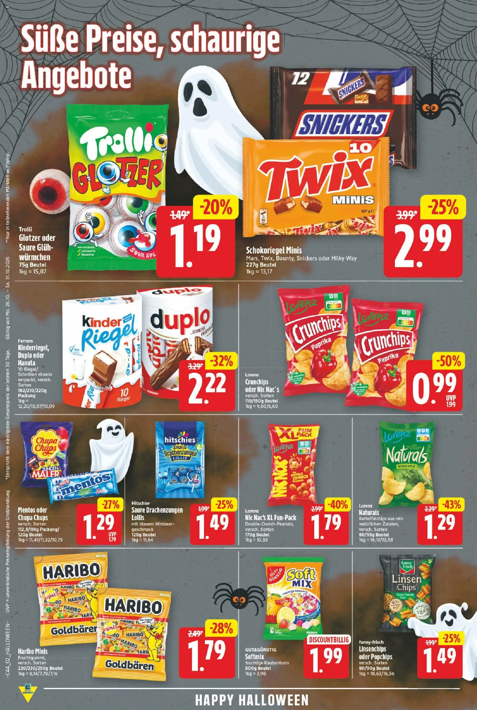 E center Prospekt – gültig ab 26.10.2026 | Seite: 2 | Produkte: Haribo, Snickers, Paprika, Lorenz crunchips