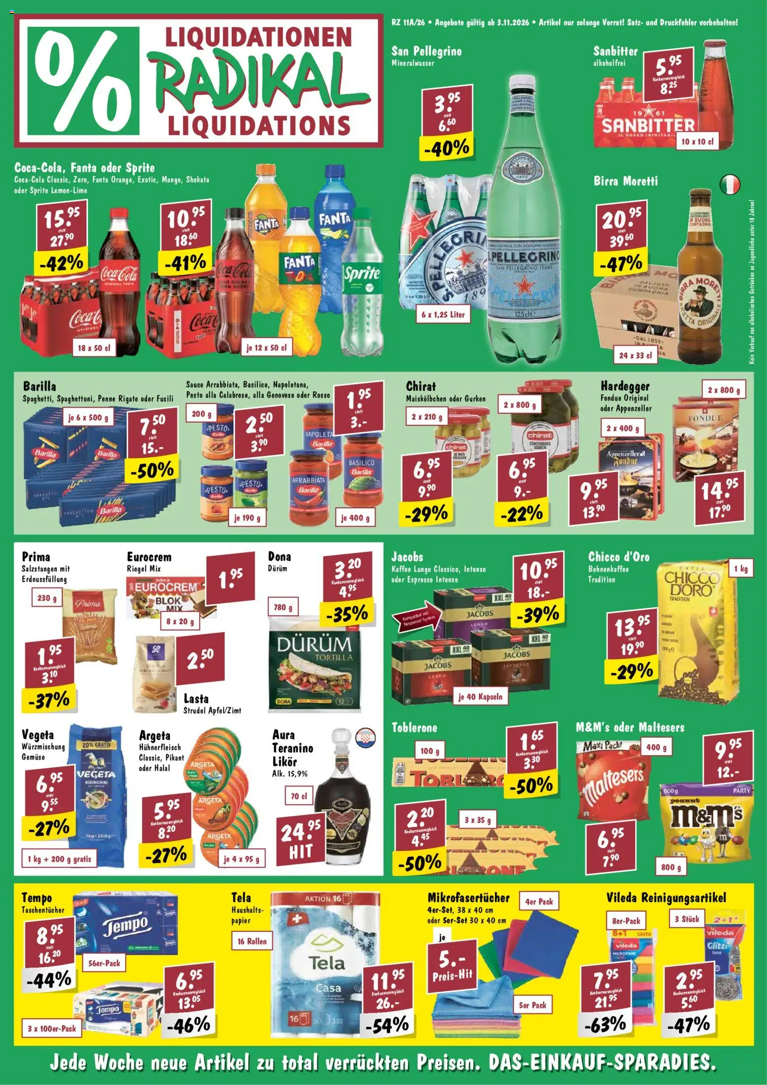 Radikal aktionen – gültig ab 03.11.2026 | Seite: 1 | Produkte: Barilla, Mineralwasser, Kaffee, Fondue