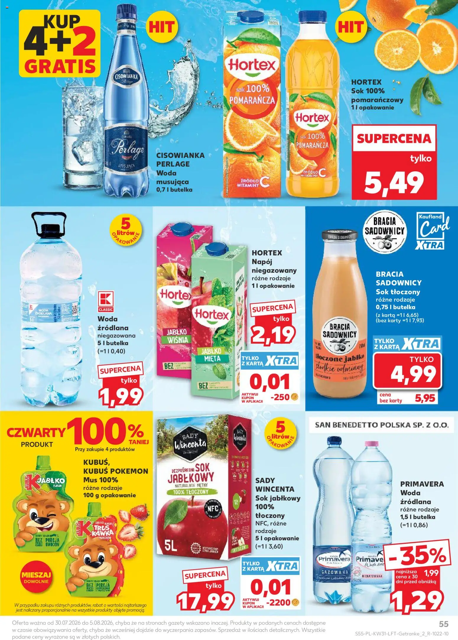 Kaufland gazetka od 30.07.2026 | Strona: 55 | Produkty: Sok jabłkowy, Woda źródlana, Gazety, Woda musująca Cisowianka