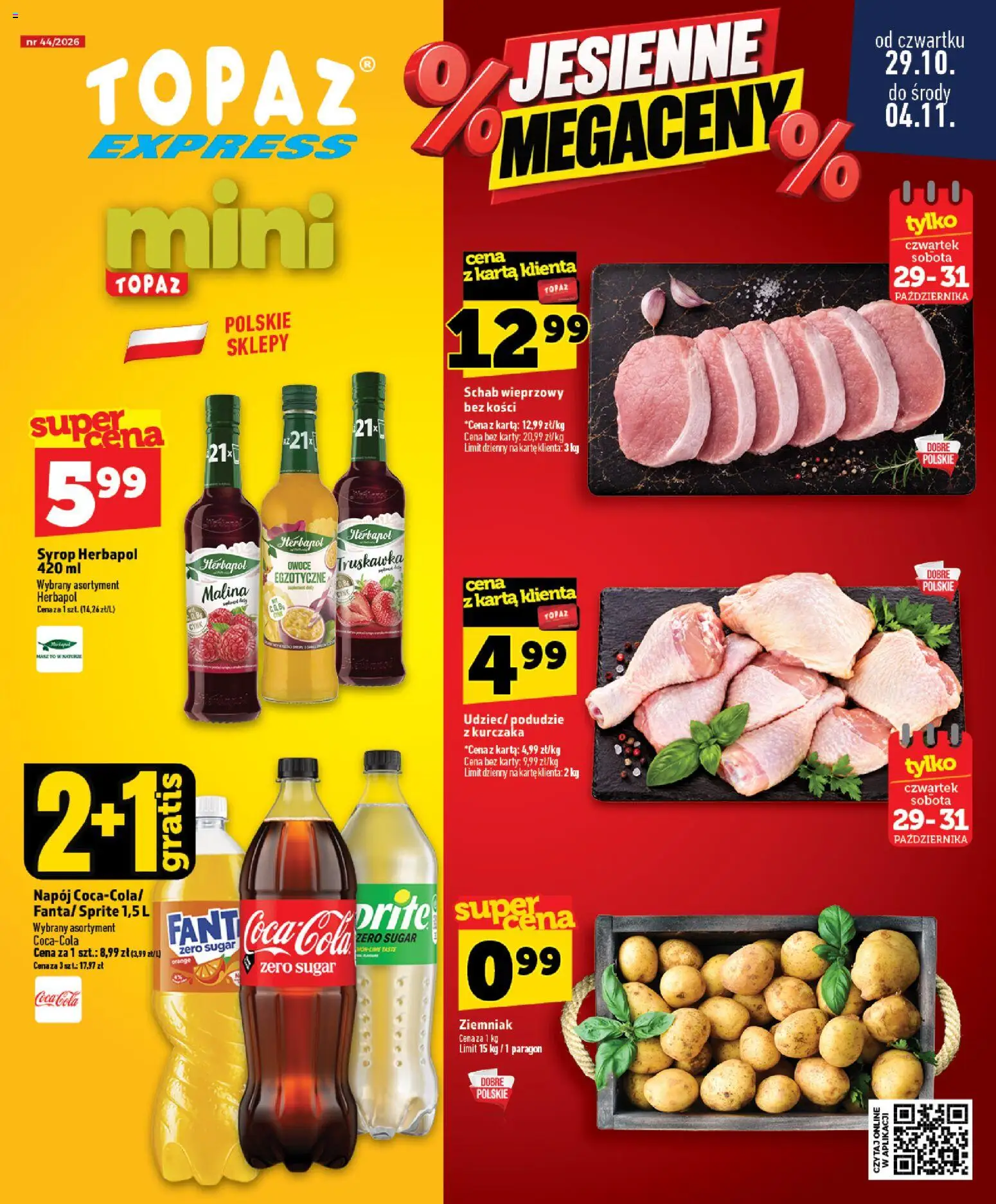 Topaz gazetka - Express od 29.10.2026 | Strona: 1 | Produkty: Karta, Syrop, Schab, Owoce