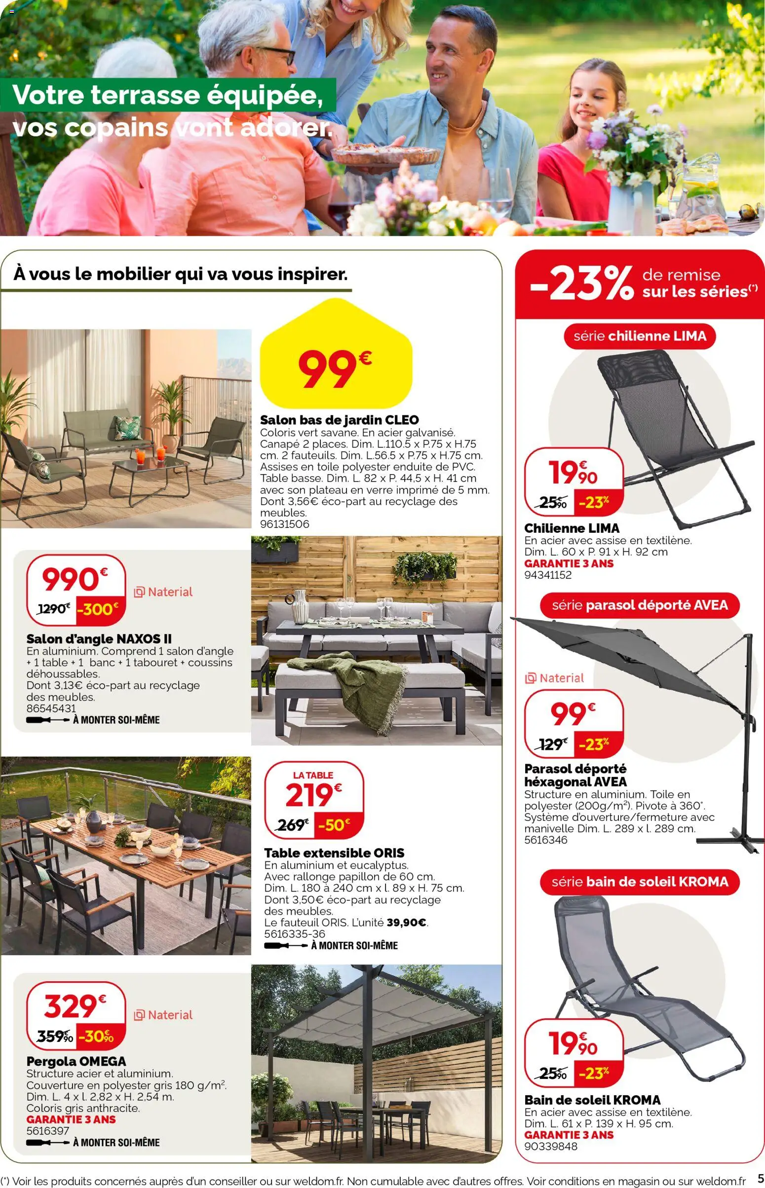 {H1} | Page: 5 | Produits: Bain de soleil, Table extensible, Parasol déporté, Parasol