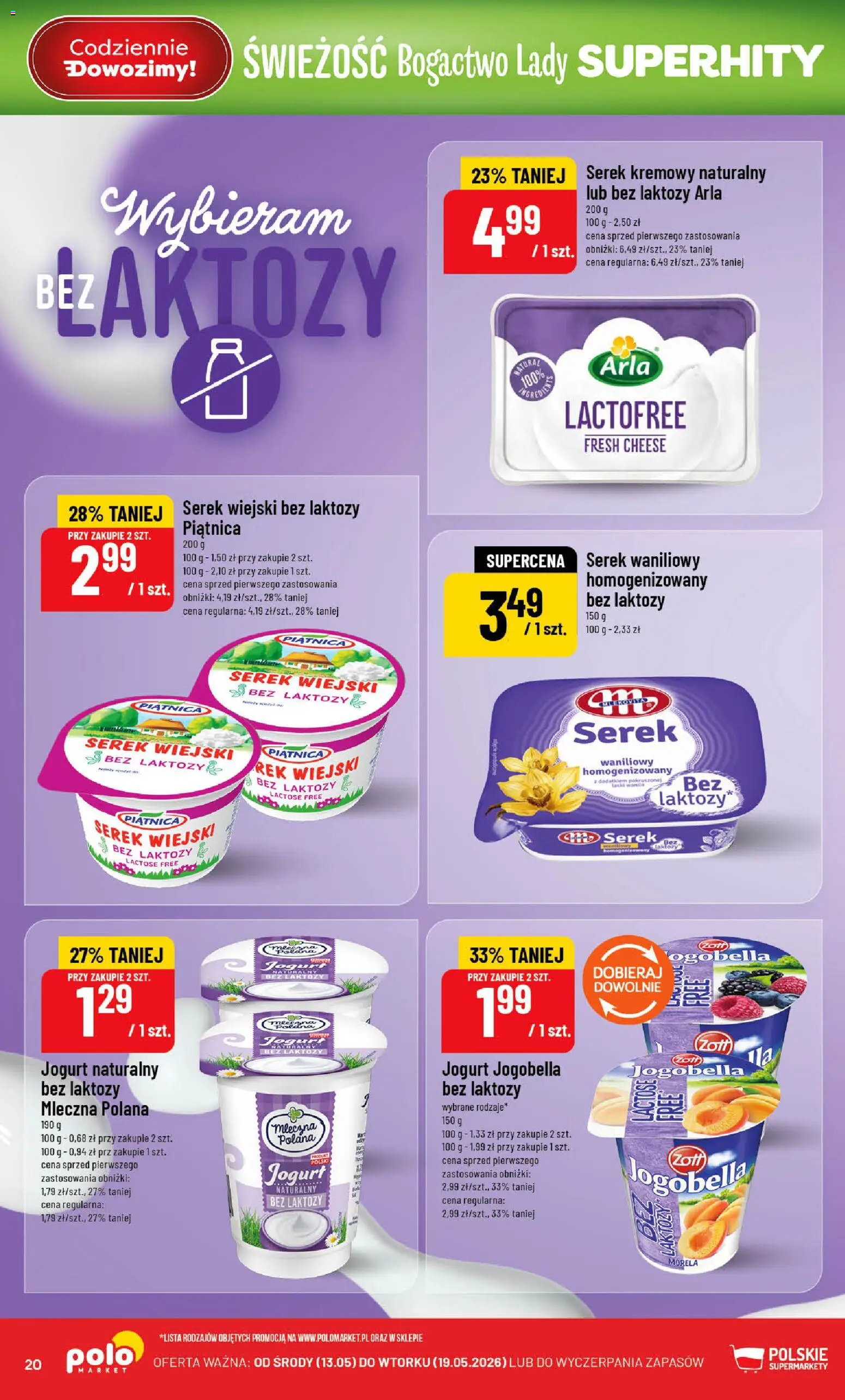 POLOmarket gazetka od 13.05.2026 | Strona: 20 | Produkty: Bez laktozy, Serek, Serek wiejski bez laktozy, Serek wiejski