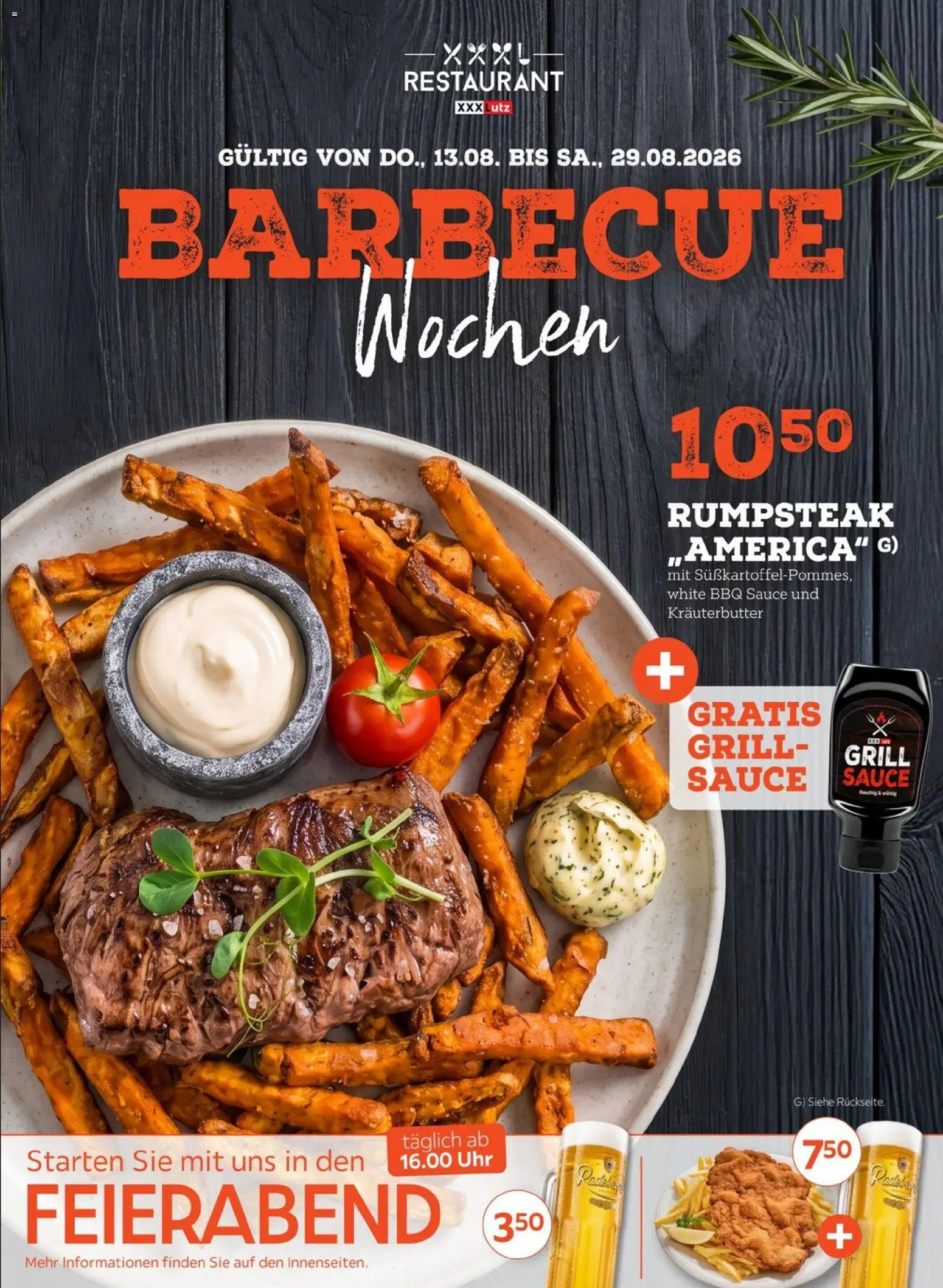 XXXLutz Restaurantgutscheine – gültig ab 08.08.2026 | Seite: 1 | Produkte: Rumpsteak, Grill, Kräuterbutter, Uhr