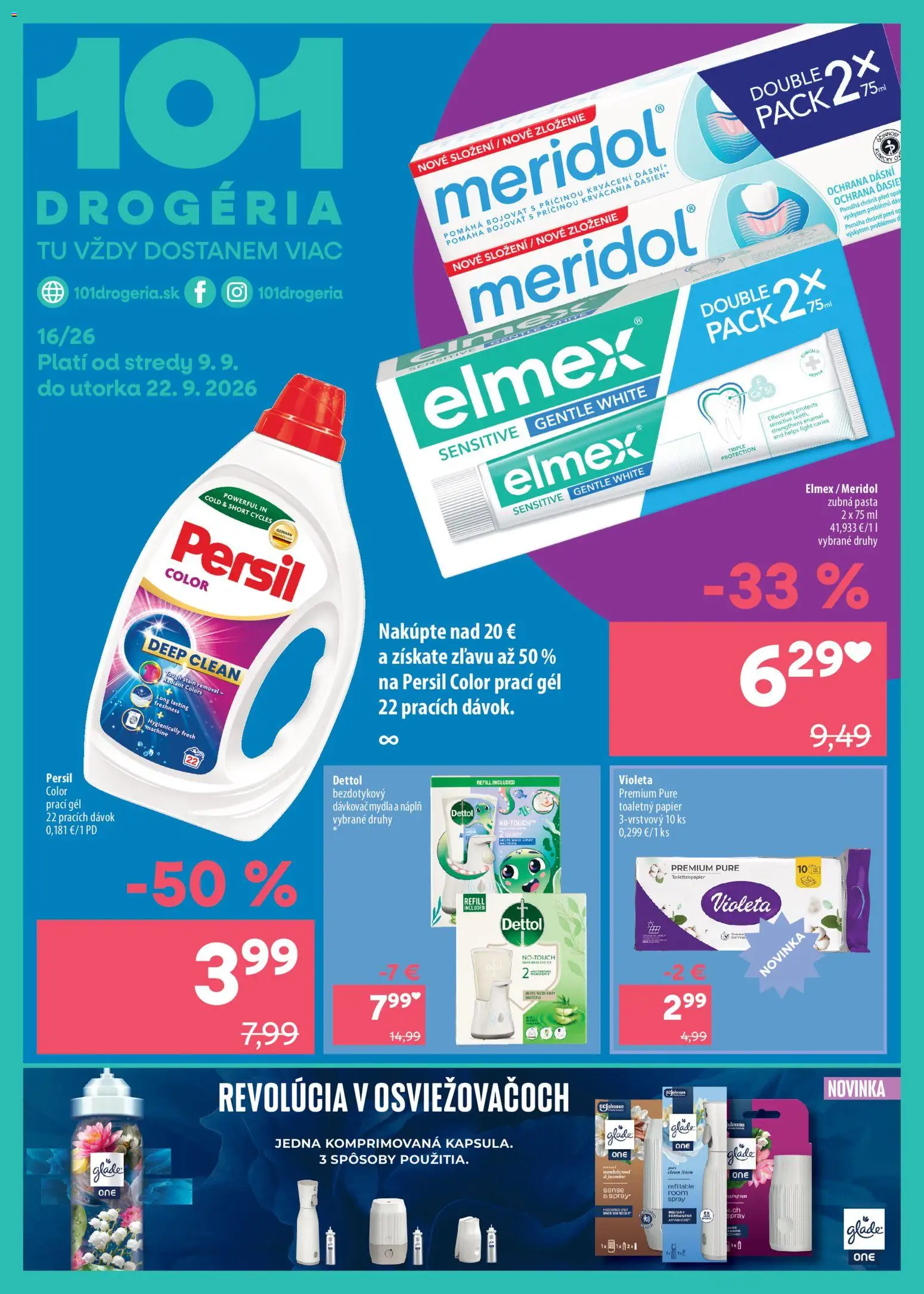 Nové 101 drogerie akcie – leták je platný od 09.09.2026 | Strana: 1 | Produkty: Prací gél, Toaletný papier, Zubná pasta, Dettol