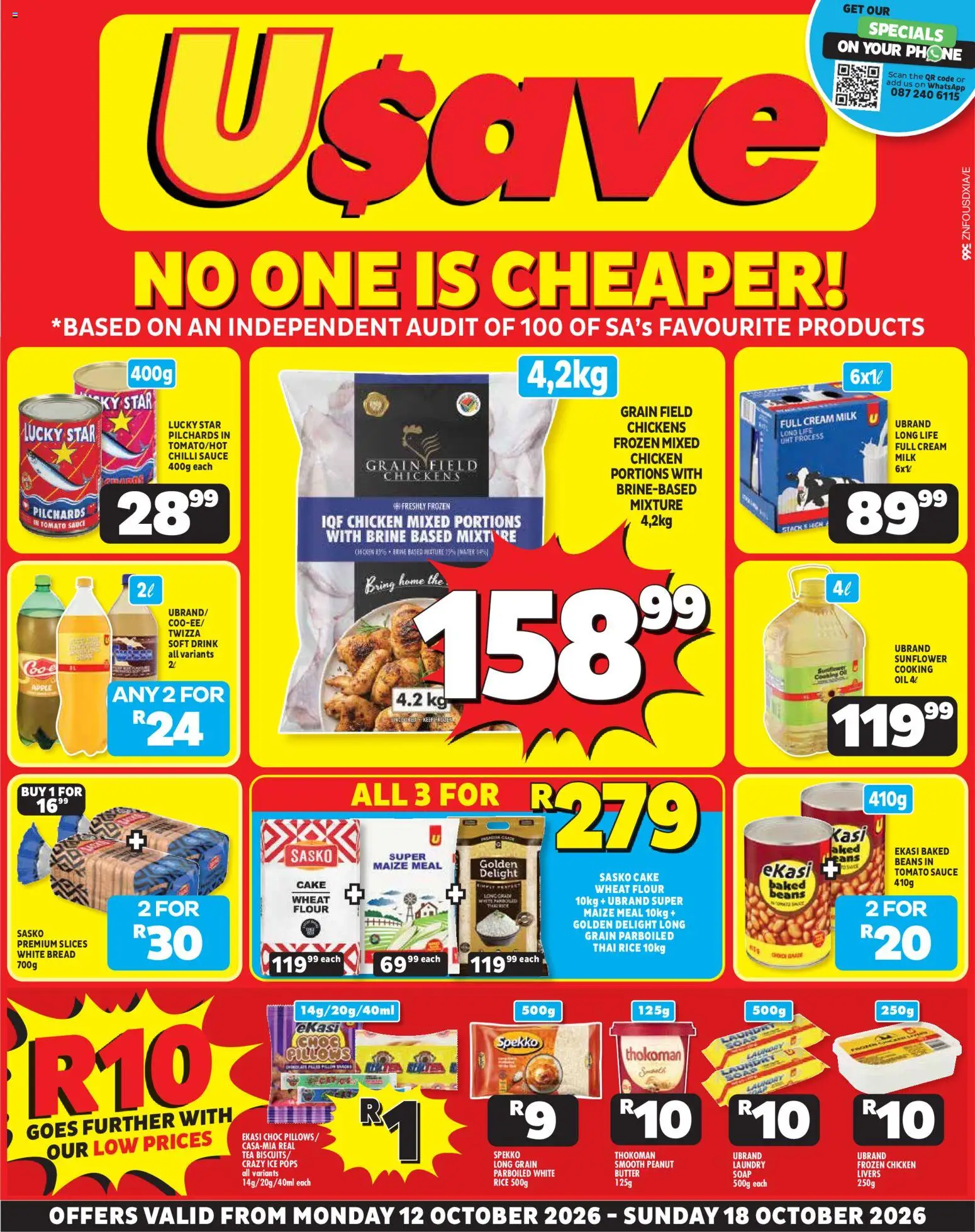 New Usave catalogue – valid from 12/10/2026 | Page: 1 | Products: Cake, Beans, Maize meal, Chilli