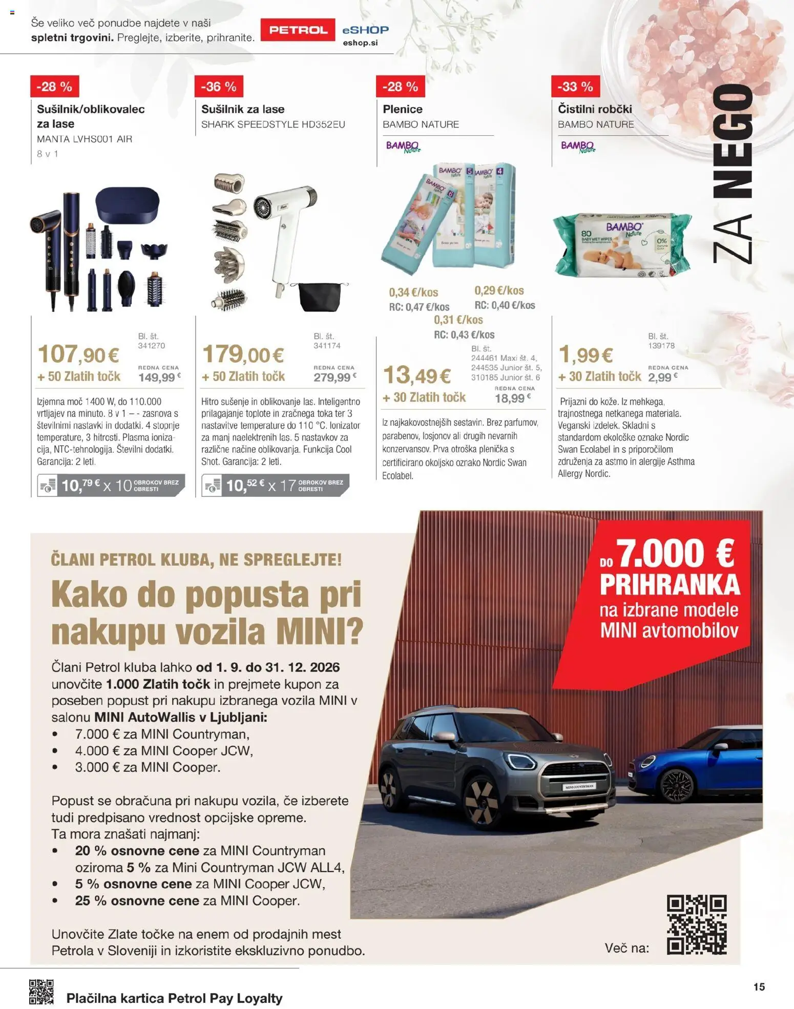Novi Petrol katalog ponudbe – veljaven od 01.09.2026 | Stran: 15 | Izdelki: Plenice, Robčki, Sušilnik za lase