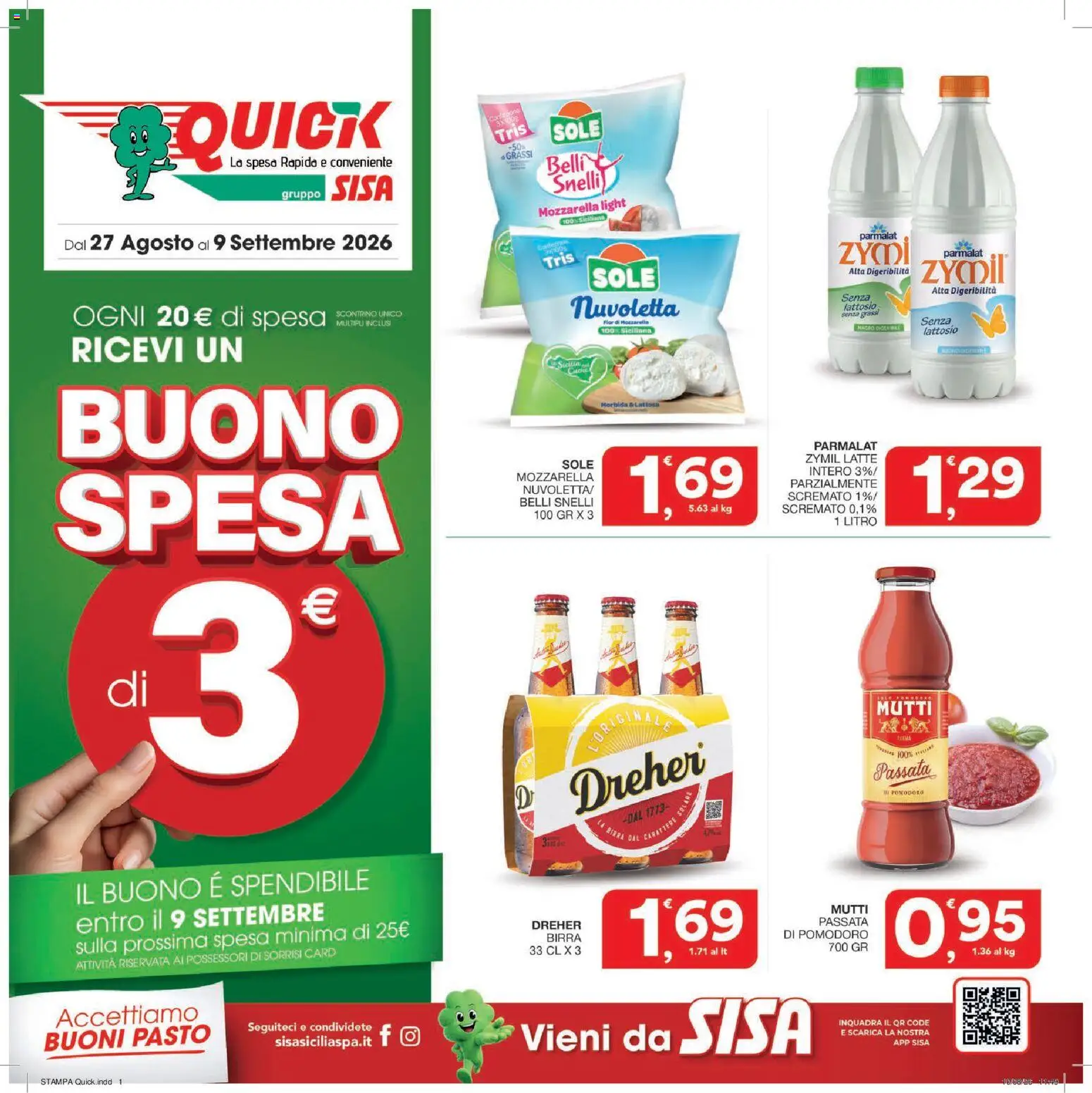 Volantino SISA del 27/08/2026 | Pagina: 1 | Prodotti: Birra, Mozzarella, Stampa, Latte intero
