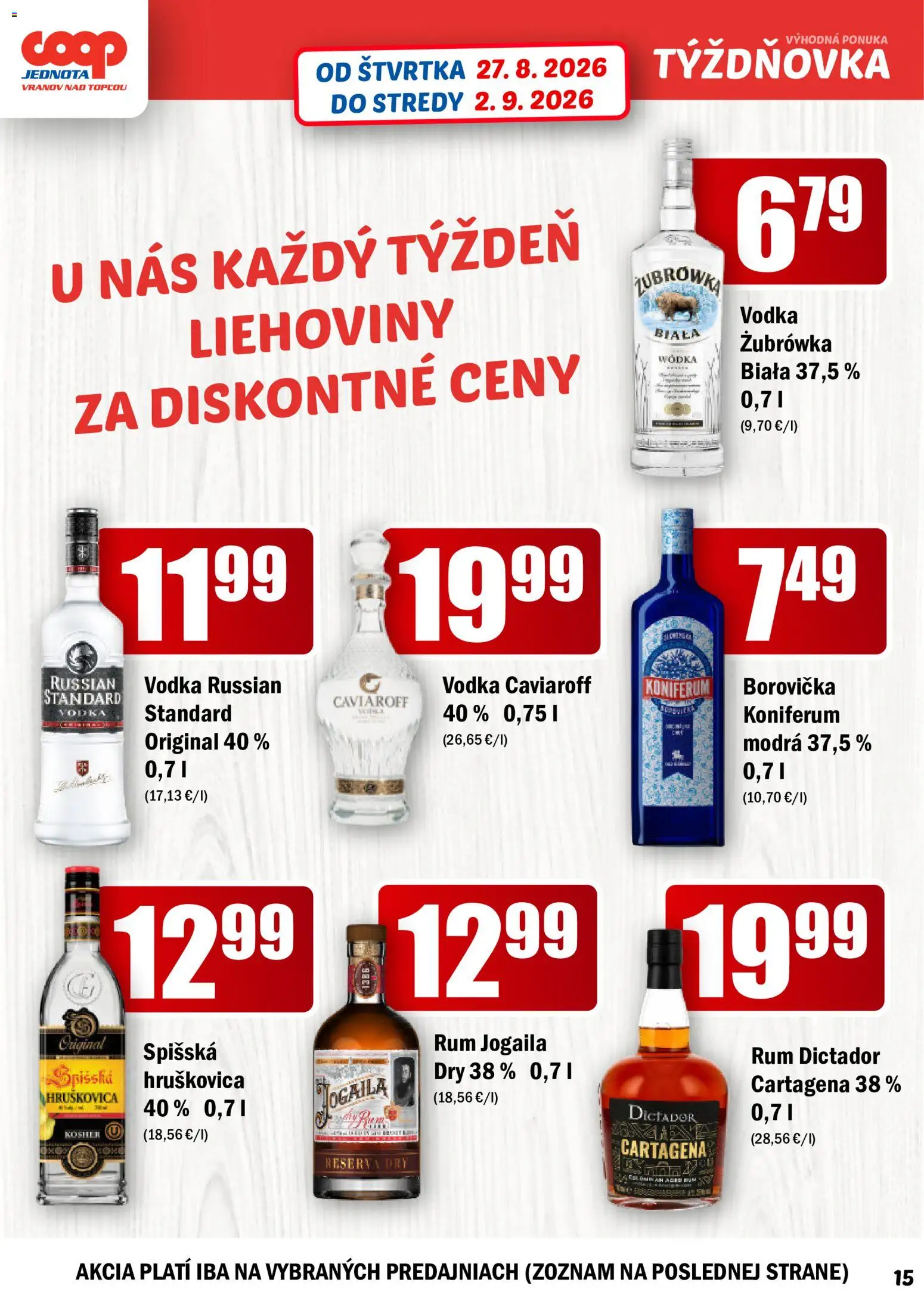 Nové COOP Jednota akcie – leták je platný od 27.08.2026 | Strana: 15 | Produkty: Borovička, Koniferum, Vodka, Rum