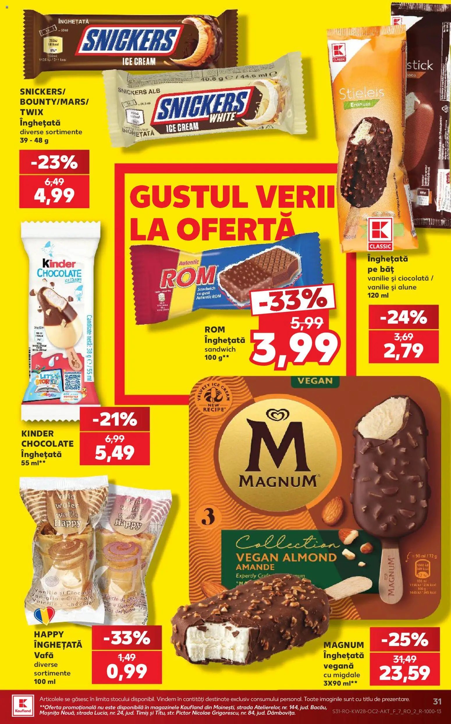 Kaufland RO akciós ujság - amely érvényes a következő dátumtól: 2026.07.08. | Oldal: 31 | Termékek: Magnum, Snickers, Vegán