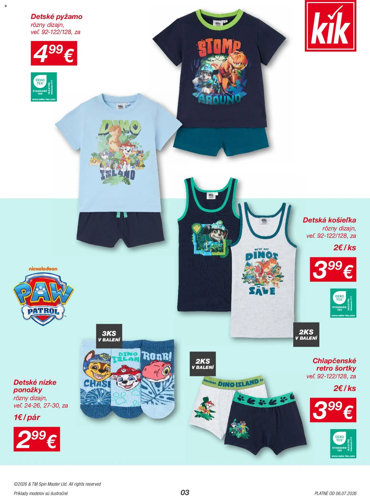 Nové Kik akcie – leták je platný od 06.07.2026 | Strana: 3 | Produkty: Ponožky, Pyžamo