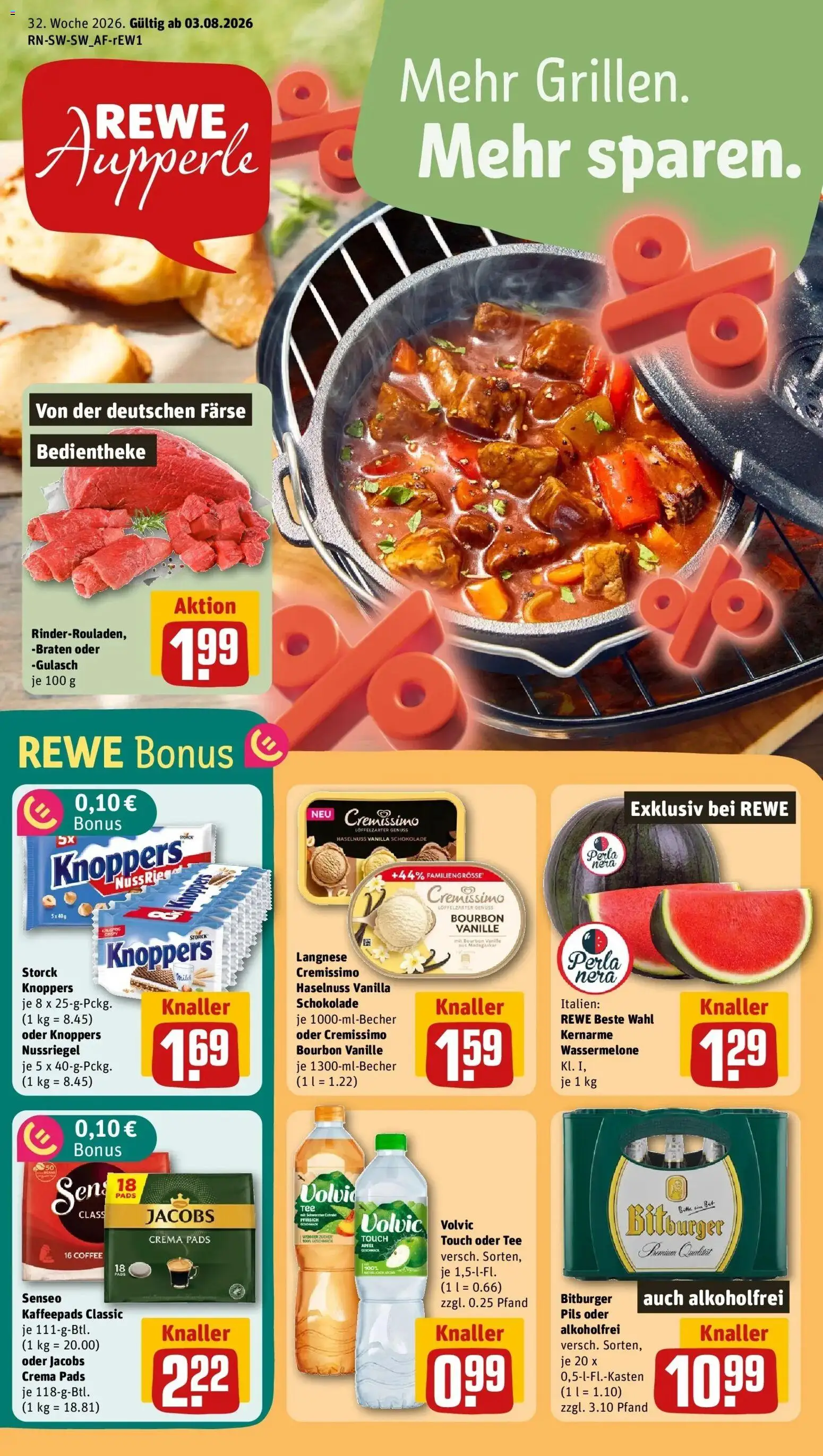 REWE Prospekt ab 03.08.2026 zum Blättern » Angebote | Seite: 1 | Produkte: Bitburger, Kaffeepads, Schokolade, Vanille