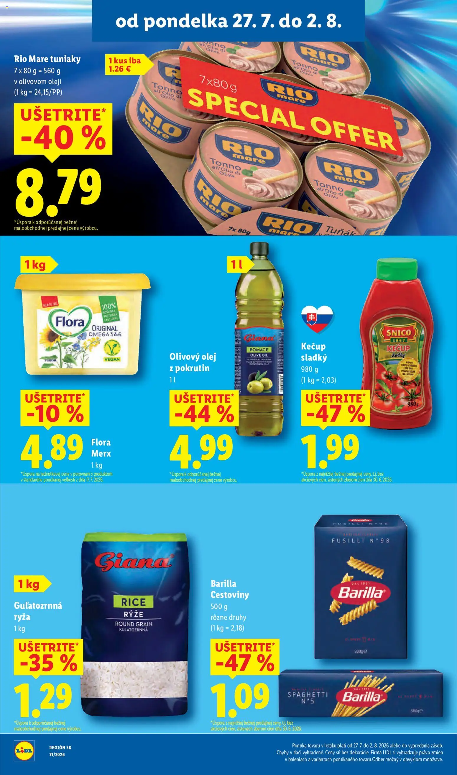 Nové Lidl akcie – leták je platný od 27.07.2026 | Strana: 32 | Produkty: Olej, Cestoviny, Olivový olej, Flora