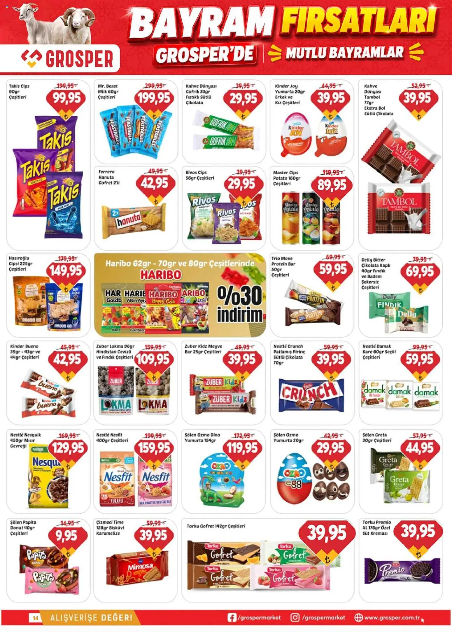 Grosper Katalog - 20.05.2026 tarihinden itibaren geçerlidir | Sayfa: 14 | Ürünler: Çikolata, Pirinç, Cips, Badem
