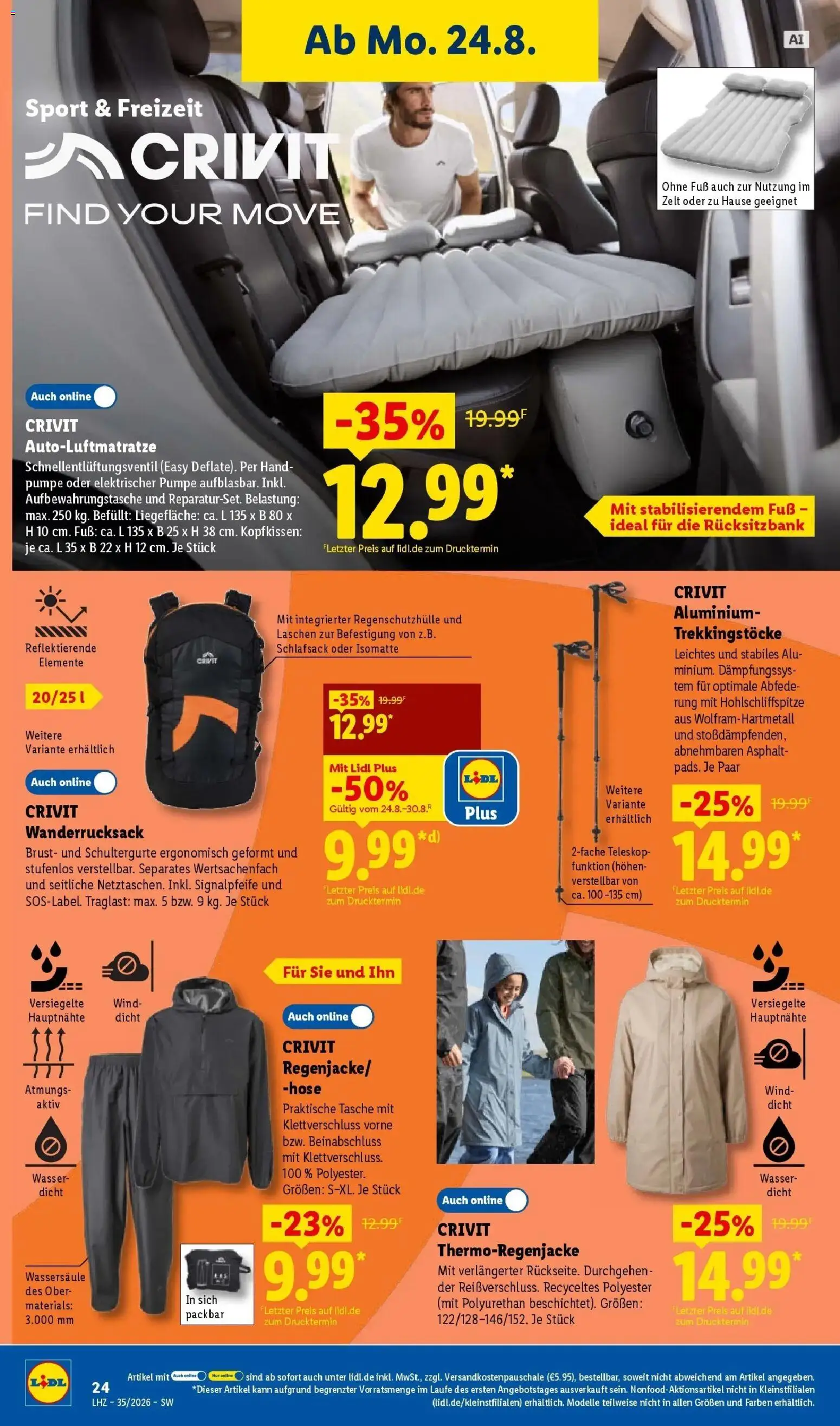 Lidl Prospekt Villingen-schwenningen (ab 24.08.2026) zum Blättern » Angebote | Seite: 46 | Produkte: Schlafsack, Wanderrucksack, Wasser, Hose