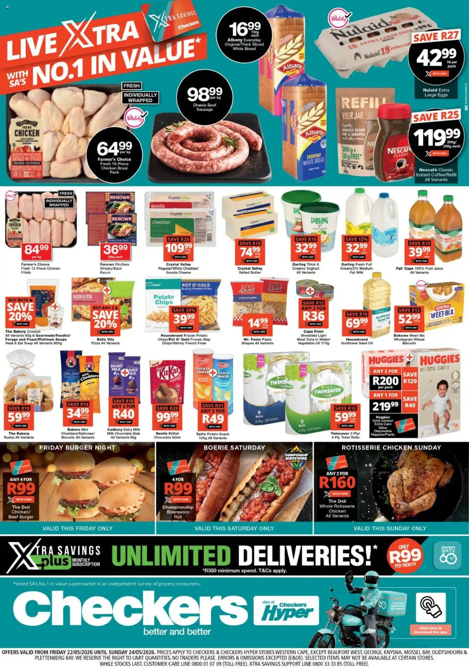 New Checkers catalogue – valid from 22.05.2026 | Page: 1 | Products: Beans, Bread, Chicken, Fruit