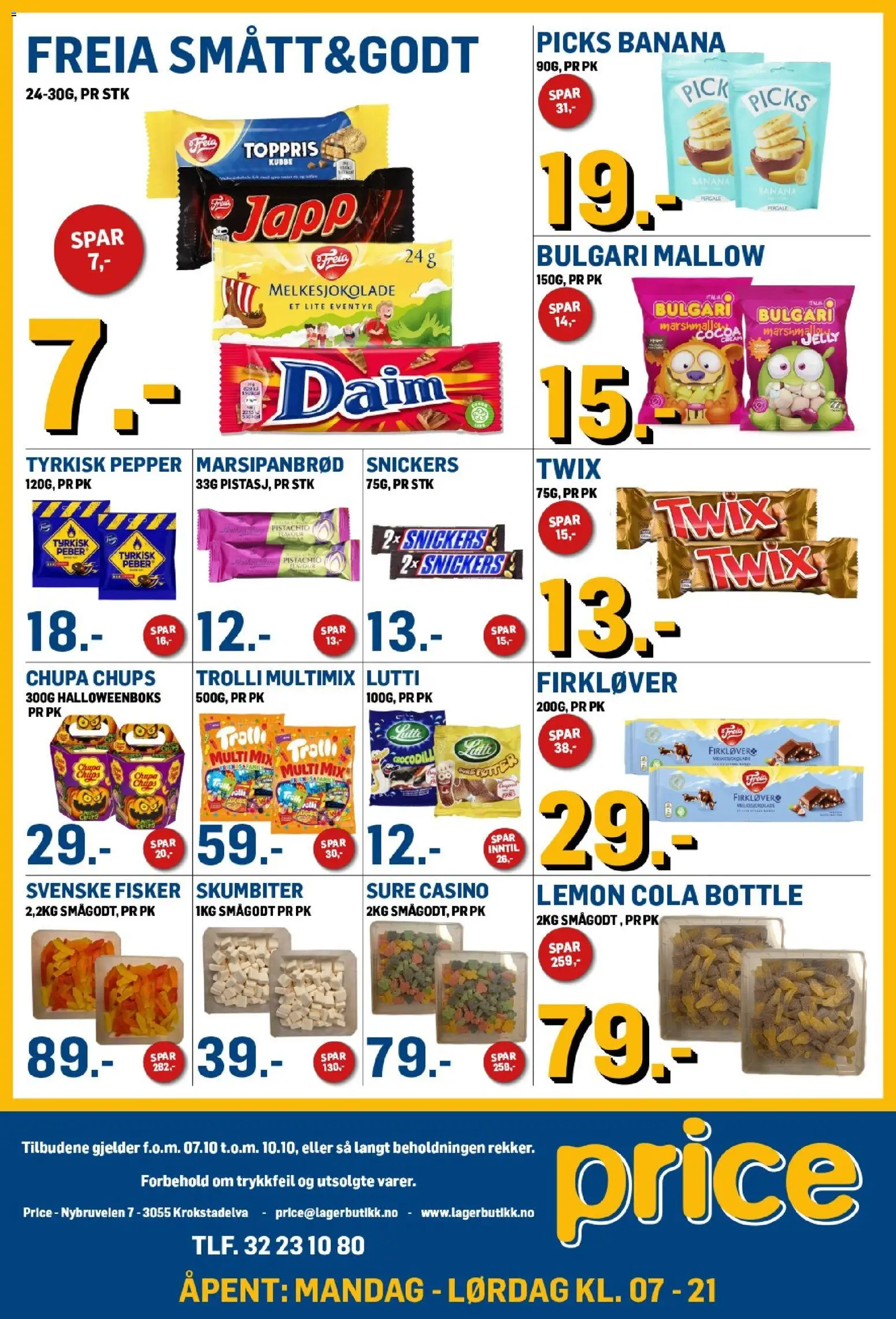 {H1} | Side: 7 | Produkter: Marshmallow, Smågodt, Snickers, Cola