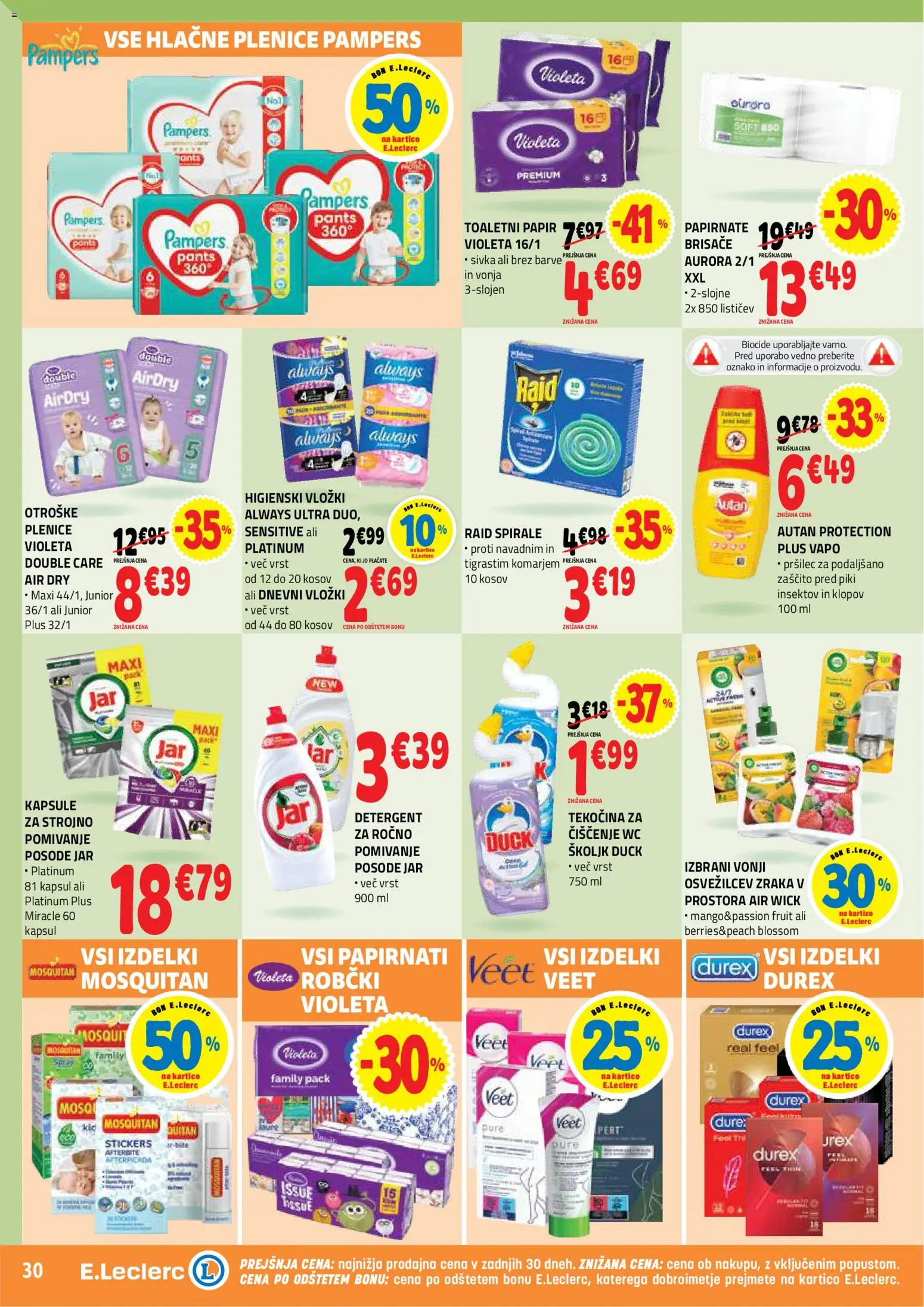 Novi E.leclerc katalog ponudbe – veljaven od 05.08.2026 | Stran: 30 | Izdelki: Higienski vložki, Toaletni papir, Vložki, Robčki