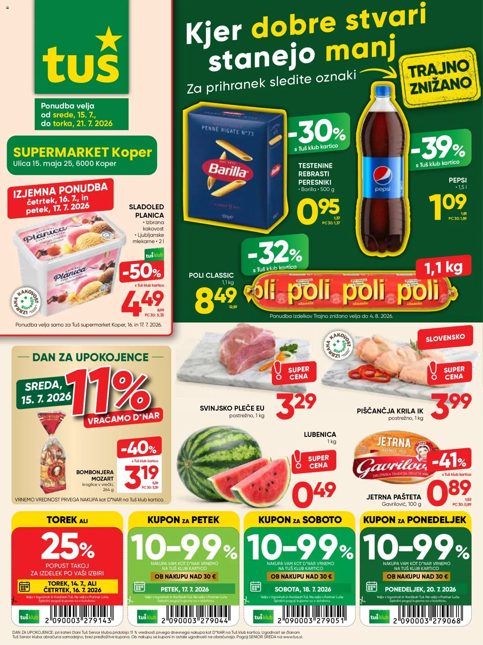 Novi Tuš katalog ponudbe – veljaven od 15.07.2026 | Stran: 13 | Izdelki: Barilla, Pašteta, Testenine, Sladoled