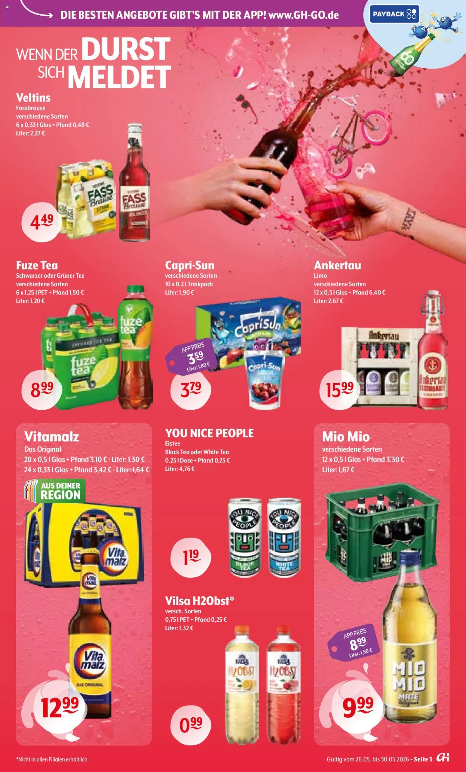 Trink und Spare Prospekt – gültig ab 26.05.2026 | Seite: 3 | Produkte: Fuze tea, Fassbrause, Tee, Veltins