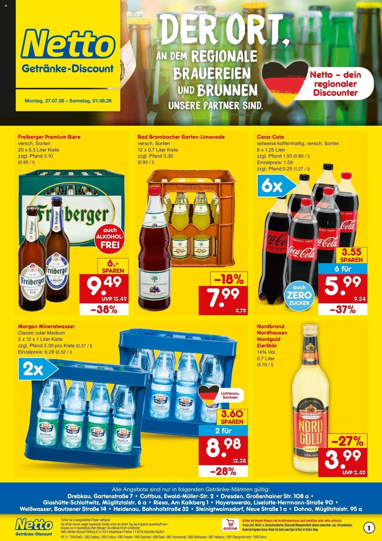 Netto Marken-Discount Prospekt Cottbus – gültig ab 27.07.2026 | Seite: 1 | Produkte: Coca cola, Cola, Bad, Mineralwasser