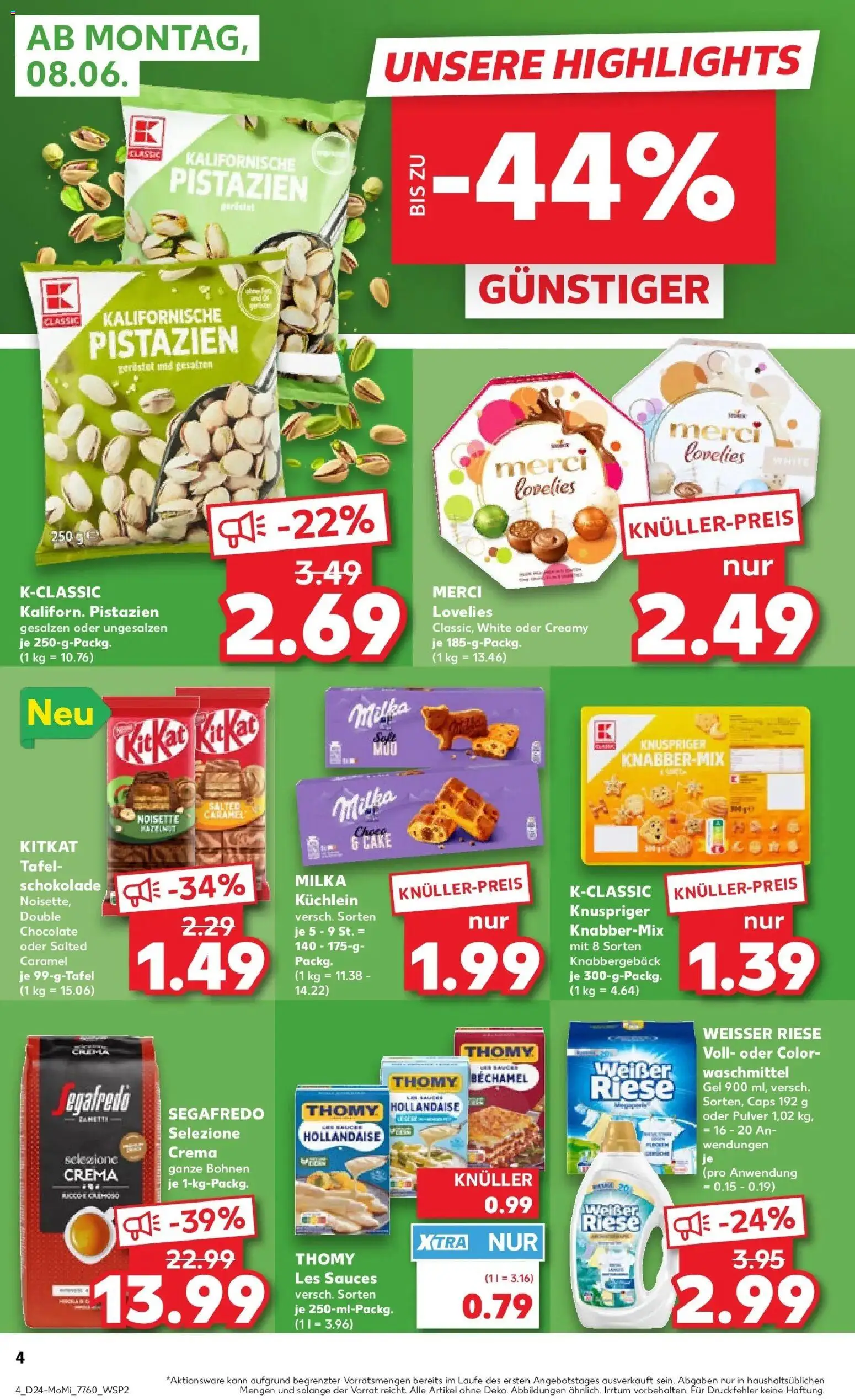 Kaufland Prospekt Bietigheim-Bissingen – gültig ab 08.06.2026 | Seite: 4 | Produkte: Merci, Schokolade, Milka, Segafredo