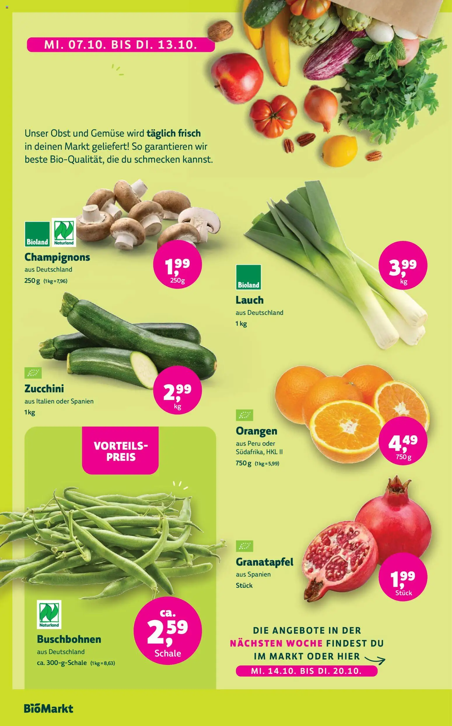BioMarkt Prospekt – gültig ab 07.10.2026 | Seite: 6 | Produkte: Champignons, Gemüse, Obst, Lauch