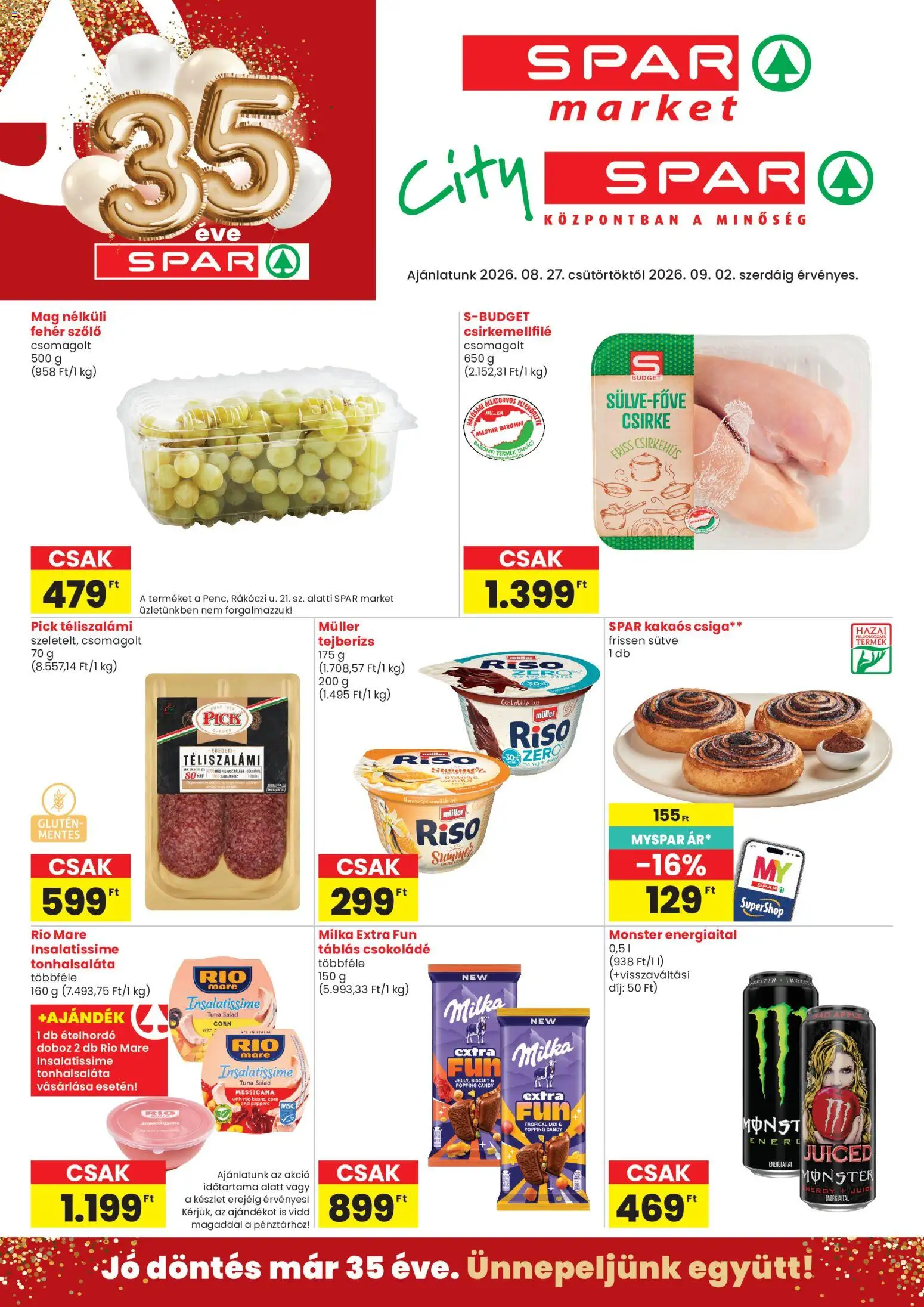 Spar Market akciós ujság - amely érvényes a következő dátumtól: 2026.08.27. | Oldal: 1 | Termékek: Müller Riso, Doboz, Csokoládé, Téliszalámi