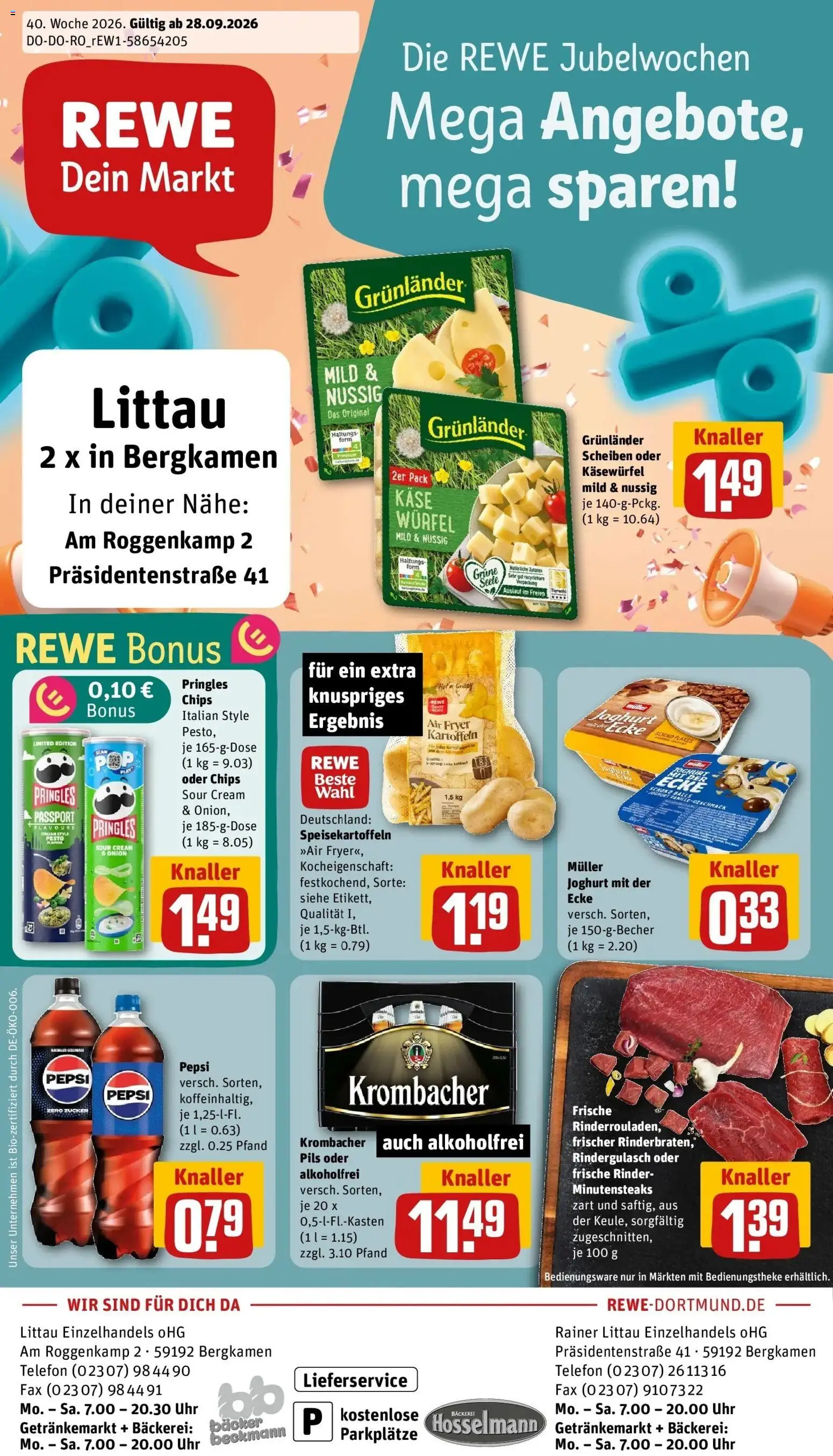 REWE Prospekt ab 28.09.2026 zum Blättern » Angebote | Seite: 1 | Produkte: Joghurt, Pils, Pepsi, Pringles