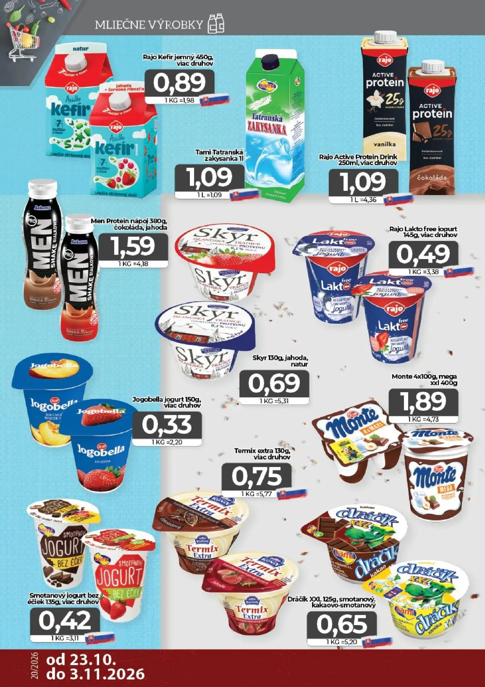 Nové CBA Komfos akcie – leták je platný od 23.10.2026 | Strana: 4 | Produkty: Jogurt, Skyr, Vanilka, Kakao